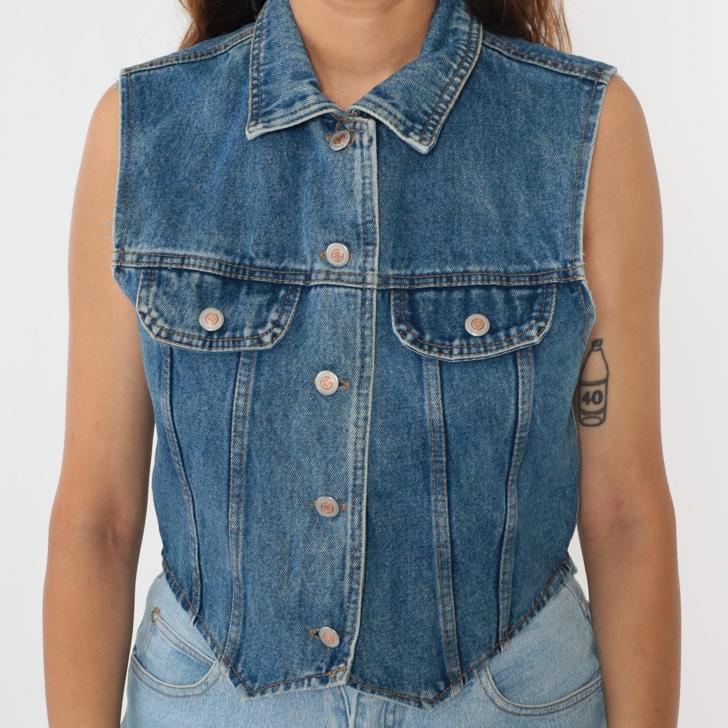 90s Blue Denim Cropped Vest Sleeveless Button-Up Jean Top Medium