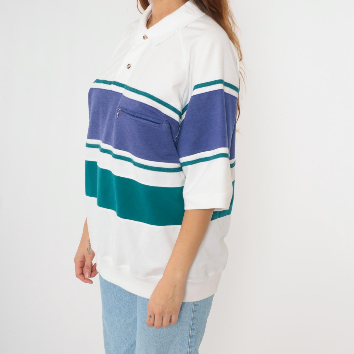 90s Jantzen Striped Polo Shirt White Blue Green Collared Short Sleeve Large L