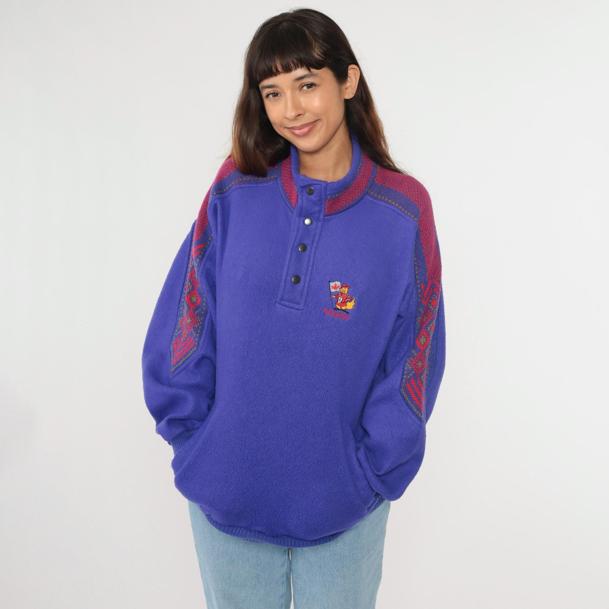 90s Whistler Fleece Sweatshirt Purple Nordic Trim Snap Neck Medium M