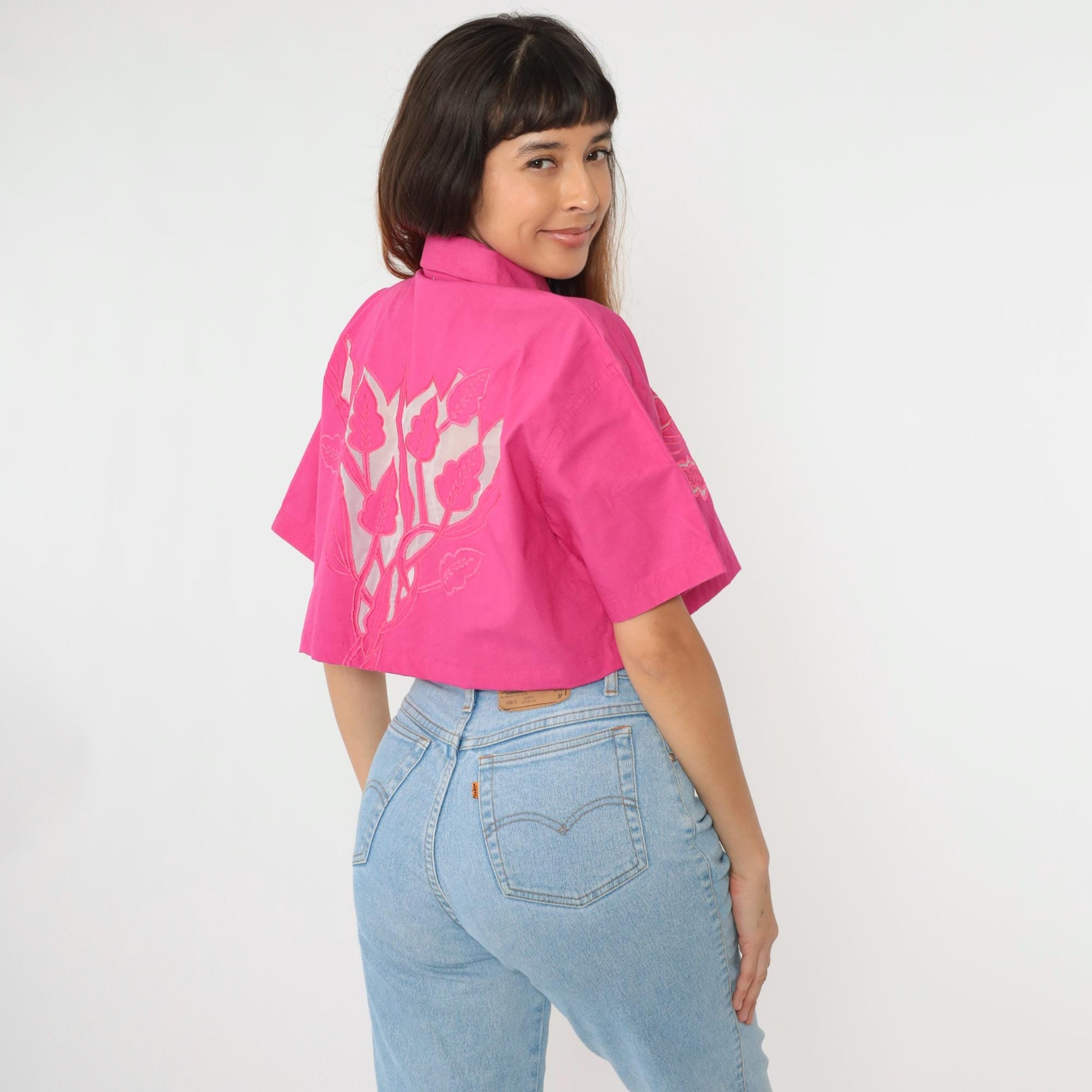 90s Pink Floral Embroidered Cutout Crop Blouse Button Up Medium Large