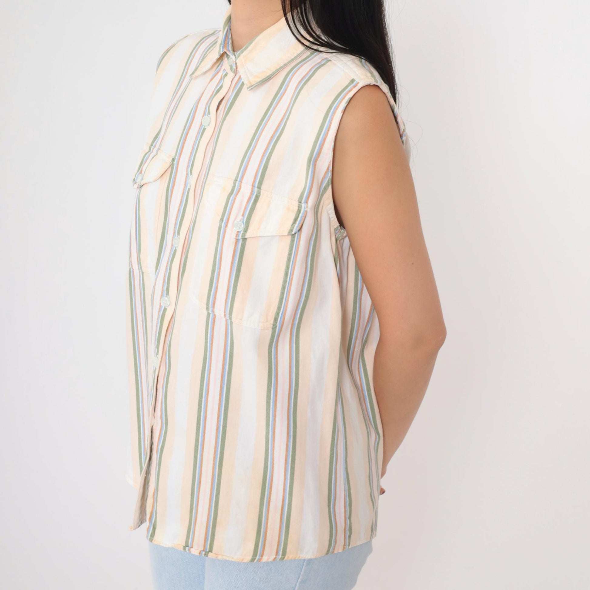 90s Westport Striped Cotton Tank Top Multicolour Chest Pocket Collar Medium M
