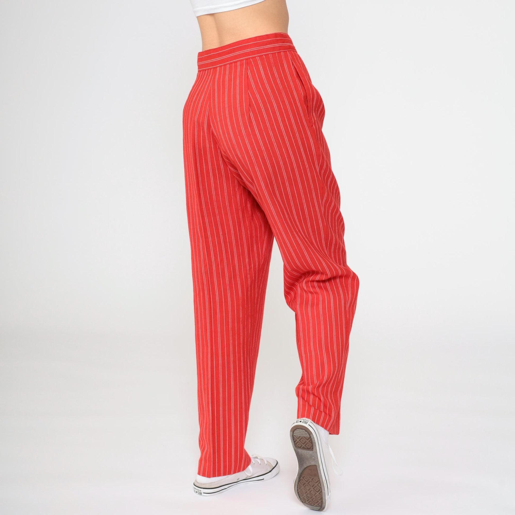 80s Red Pinstripe Pleated High-Waisted Trousers Tapered Leg Small