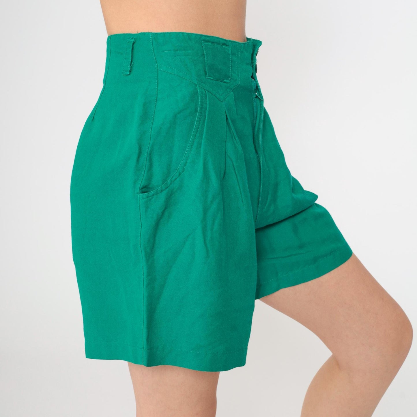 90s Green Pleated High-Waist Shorts Cotton Preppy Small