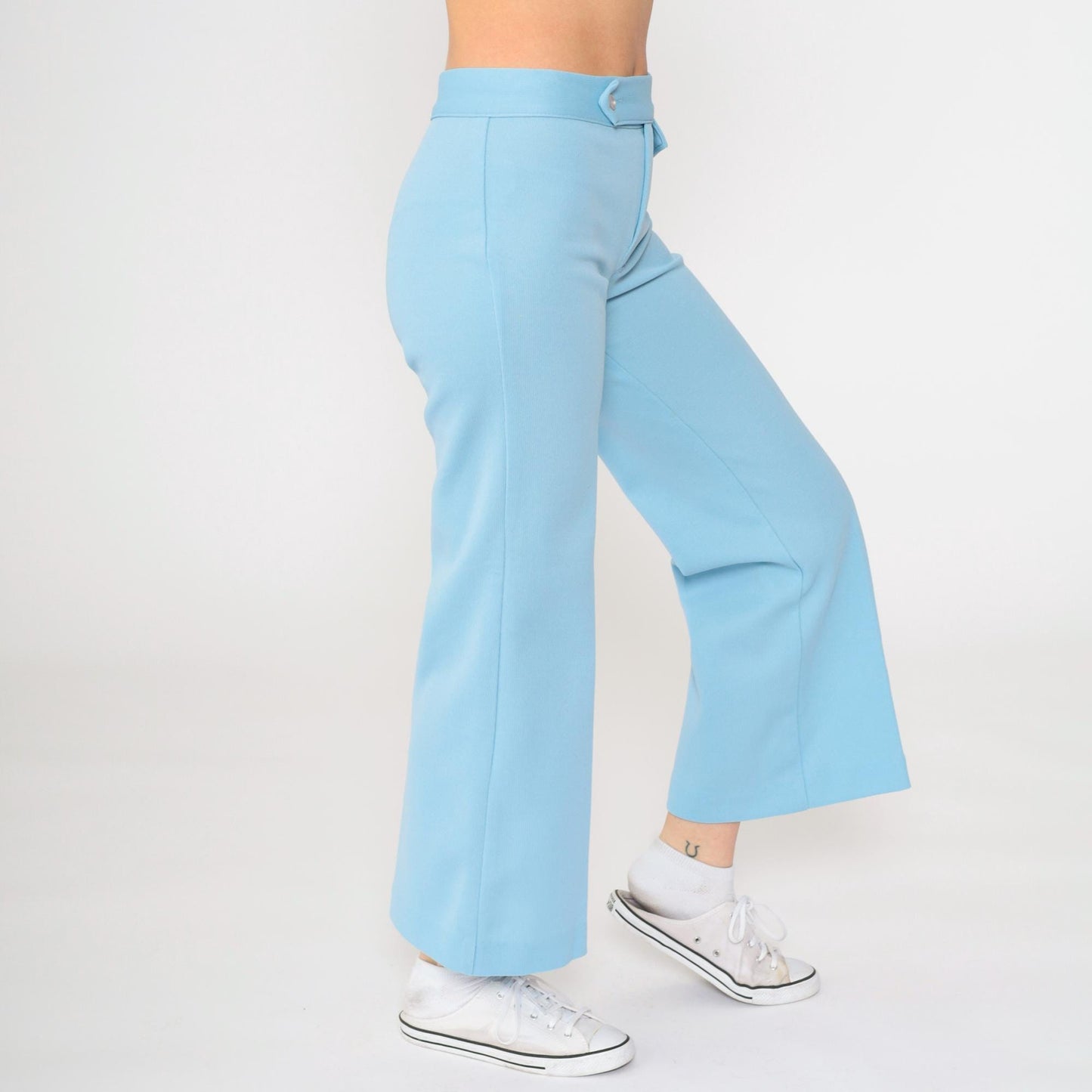 70s Baby Blue Polyester High Waist Bell Bottom Flared Trousers Small