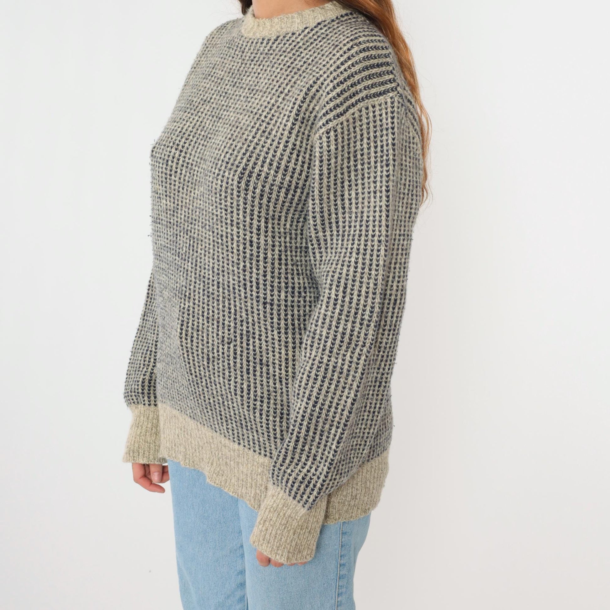 80s Wool Blend Striped Sweater Beige Navy Crew Neck Ribbed Knit Large L