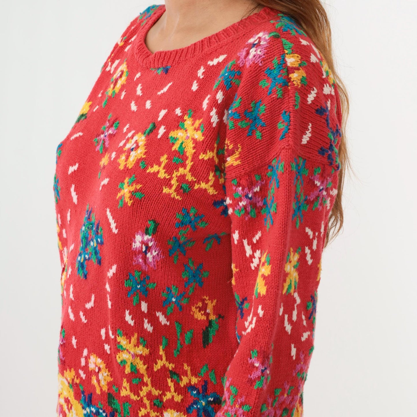 90s Adrienne Cittadini Red Floral Cotton Knit Sweater Crewneck Medium M
