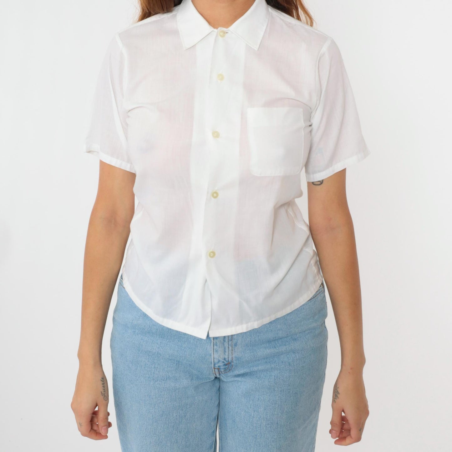 70s White Button Up Shirt Pointed Collar Chest Pocket Short Sleeve Extra Small