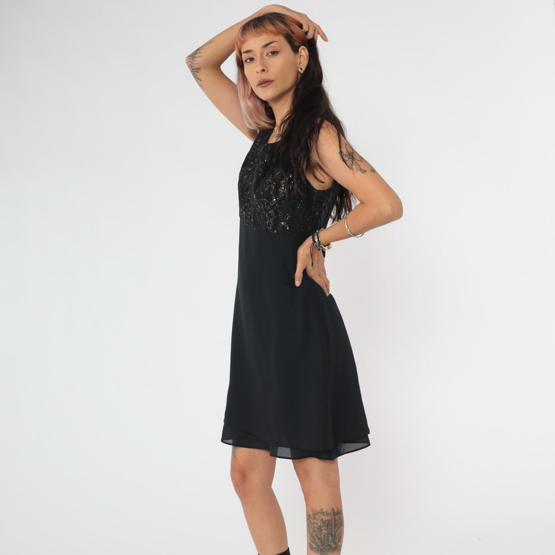90s Black Lace Mini Dress Metallic Bodice Scoop Neck High Waist Flare Small 6