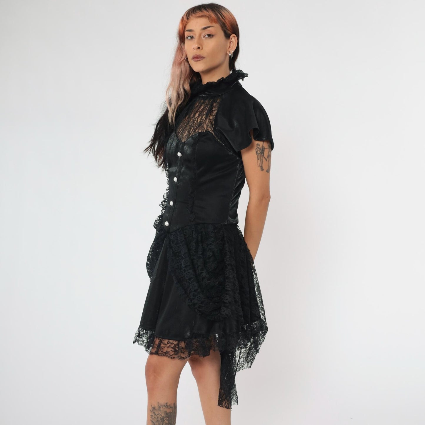 Y2K Black Lace Corset Dress Sweetheart Neckline Asymmetrical Mini Small S