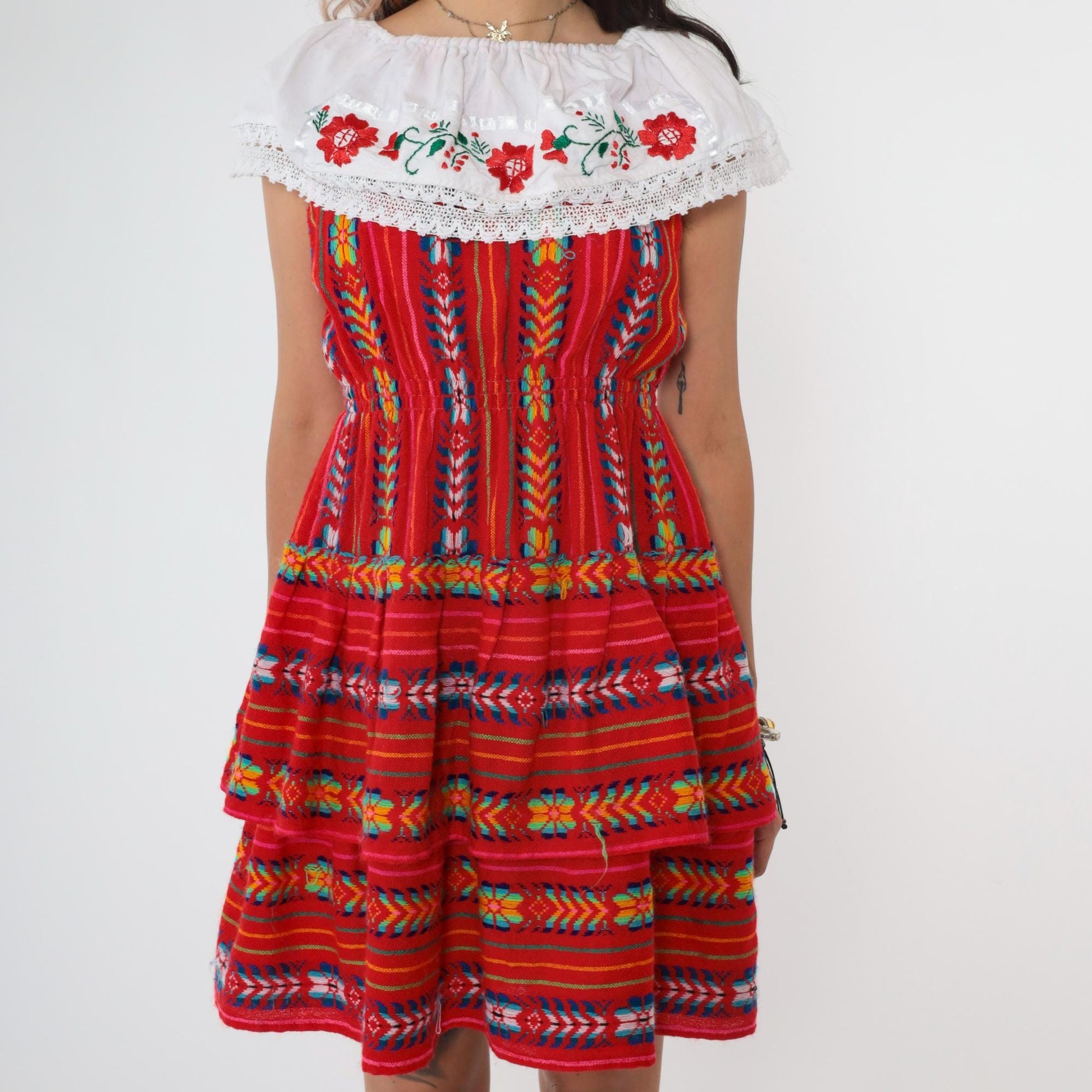 90s Red Mexican Embroidered Mini Dress Off-Shoulder Elastic Waist Small