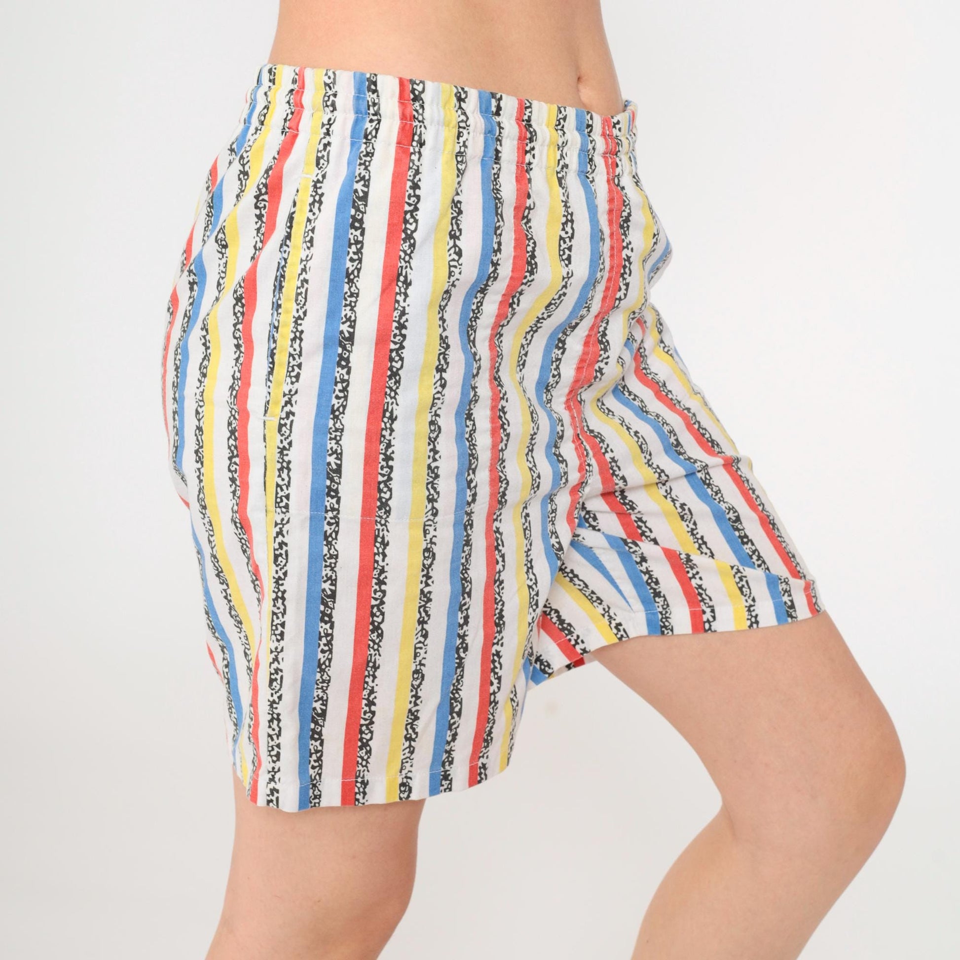 90s Striped Shorts Red Yellow White Elastic Waist Cotton Blend Small