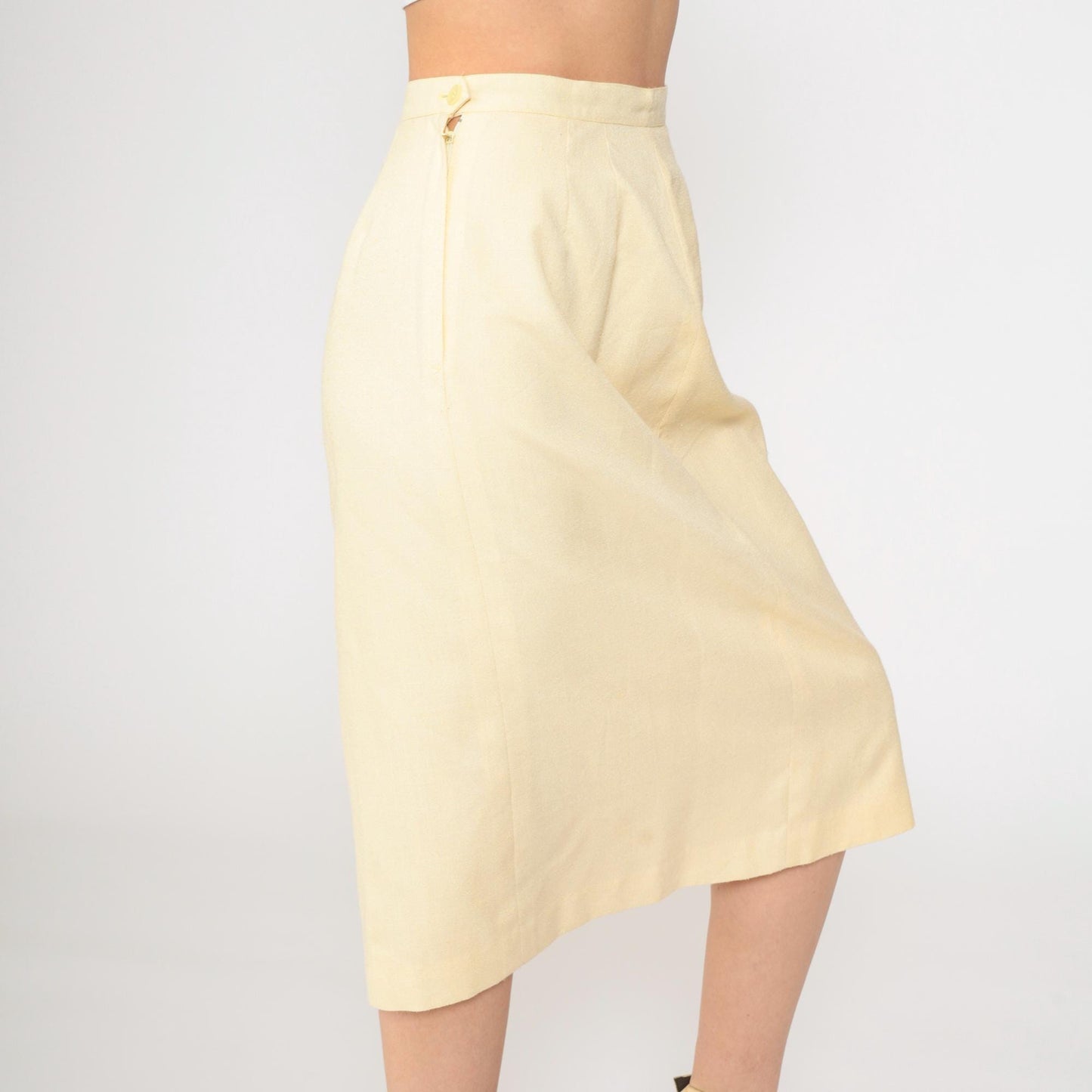90s Light Yellow Midi Pencil Skirt High Waist Extra Small