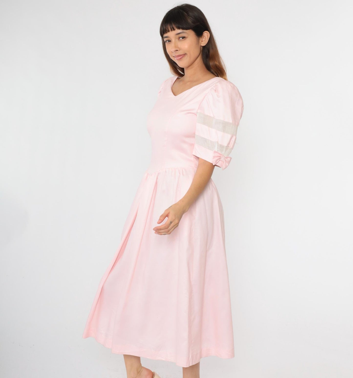 80s Lanz Originals Baby Pink Puff Sleeve Midi Dress Basque Waist Medium 8