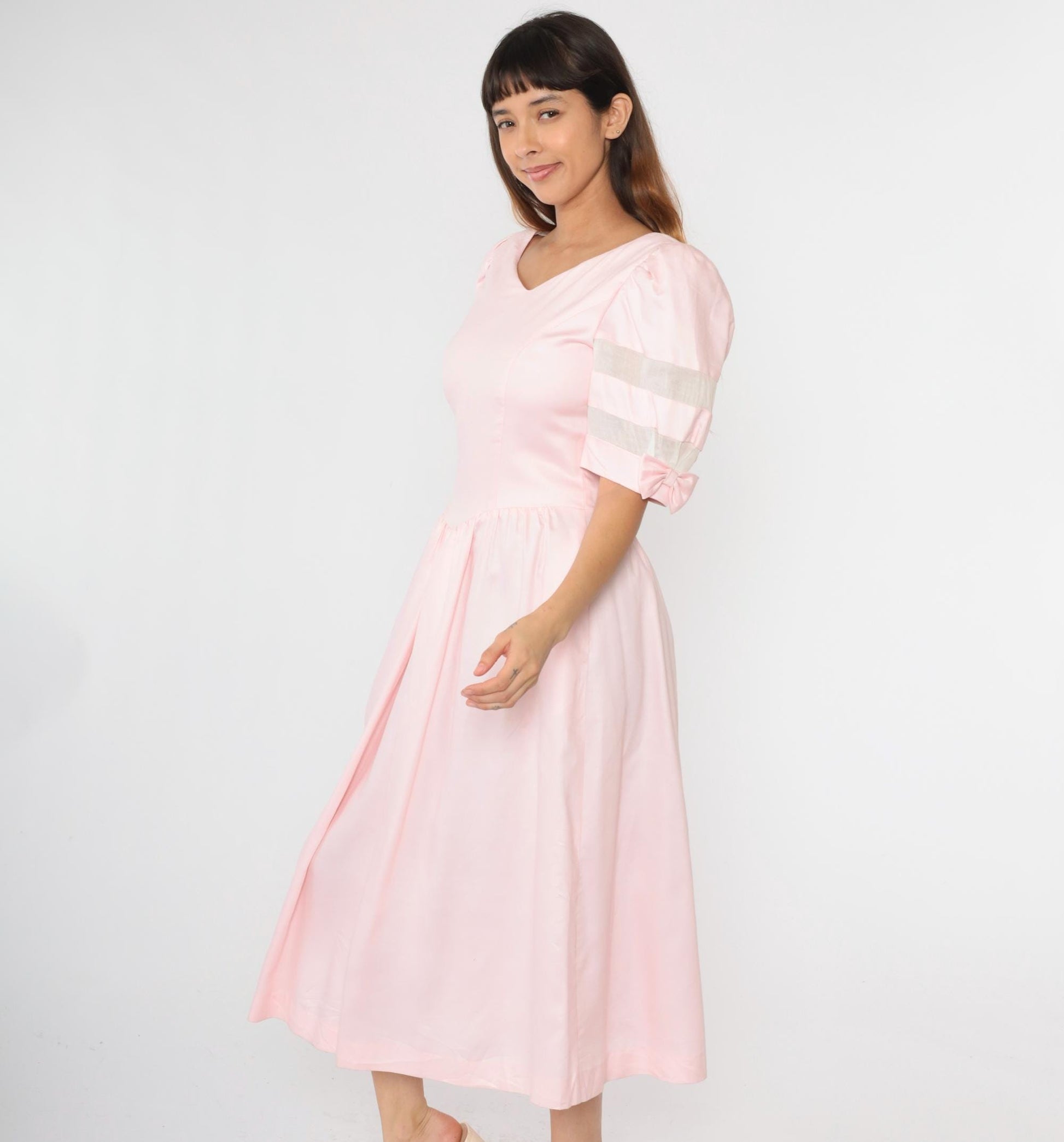 80s Lanz Originals Baby Pink Puff Sleeve Midi Dress Basque Waist Medium 8