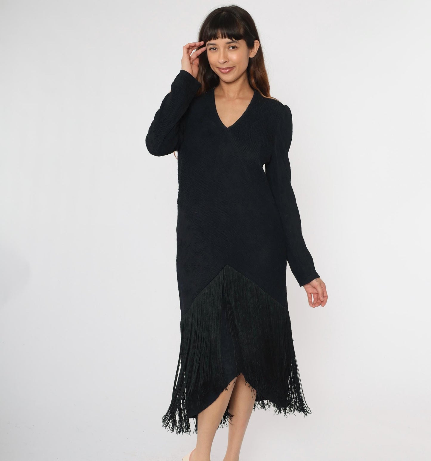 80s Black Fringe Midi Dress V-Neck Long Sleeve Ribbed Sheath Large L