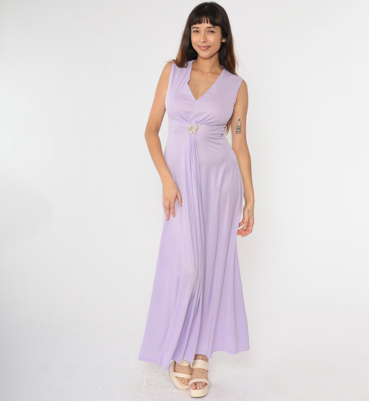 70s Lavender Maxi Dress Rhinestone Butterfly Deep V Sleeveless Small