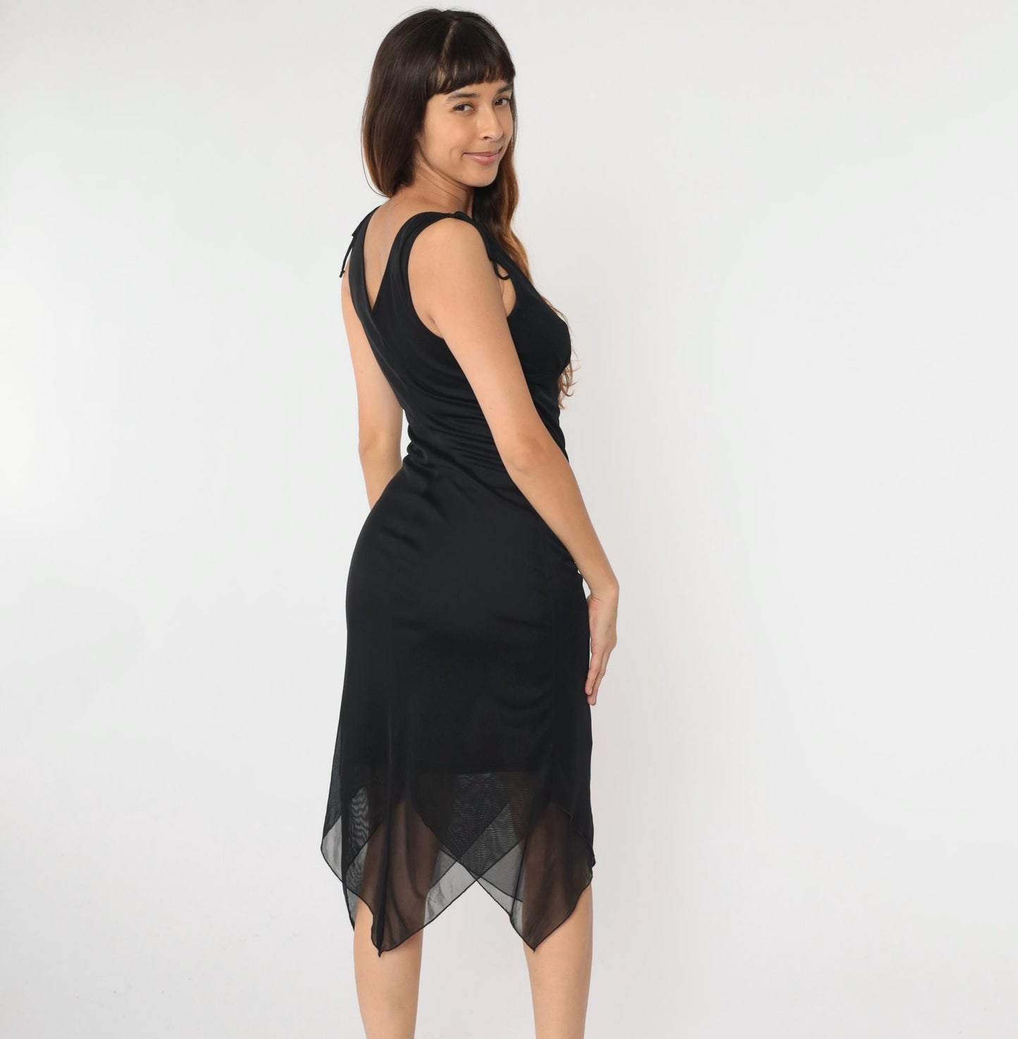 90s Black Chiffon Cocktail Dress V-Neck Hanky Hem Sleeveless Midi Medium