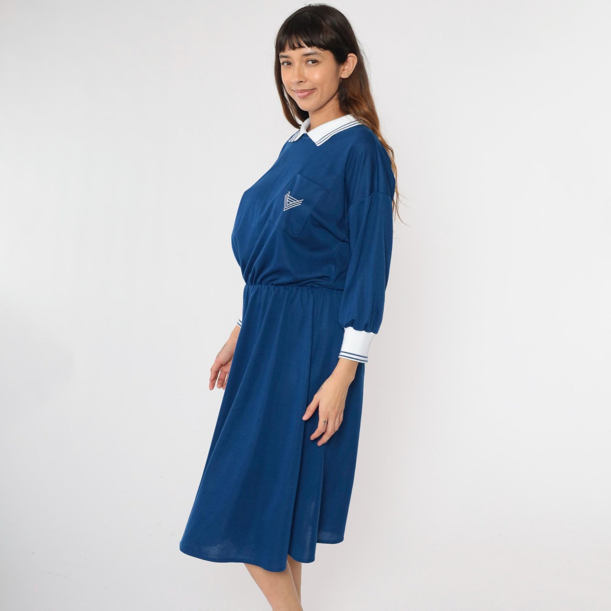 80s Nautical Midi Dress Chevron Crest Collar Long Sleeve Dark Blue Large