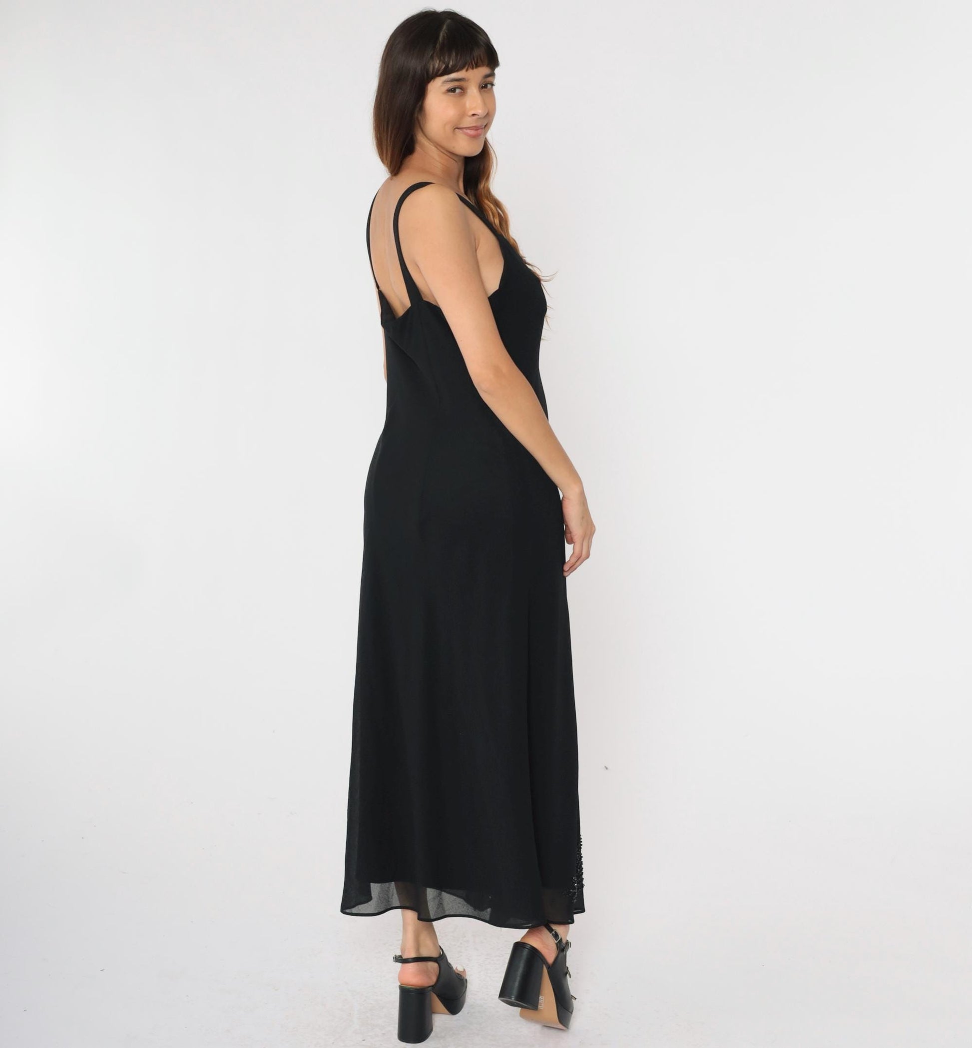 90s R & M Richards Black Chiffon Beaded Maxi Dress V-Neck Medium
