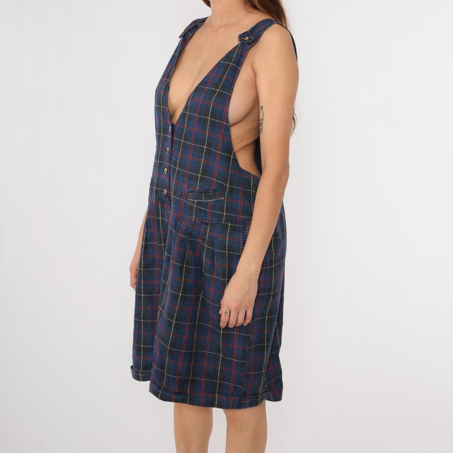 90s Catch the Spirit Checkered Romper Plus Size Charcoal Blue Deep V Neck 26W