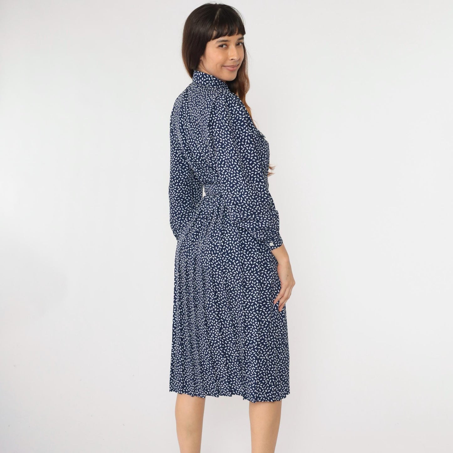 80s Appleseed's Petite Shirtdress Confetti Print Midi Dark Blue White