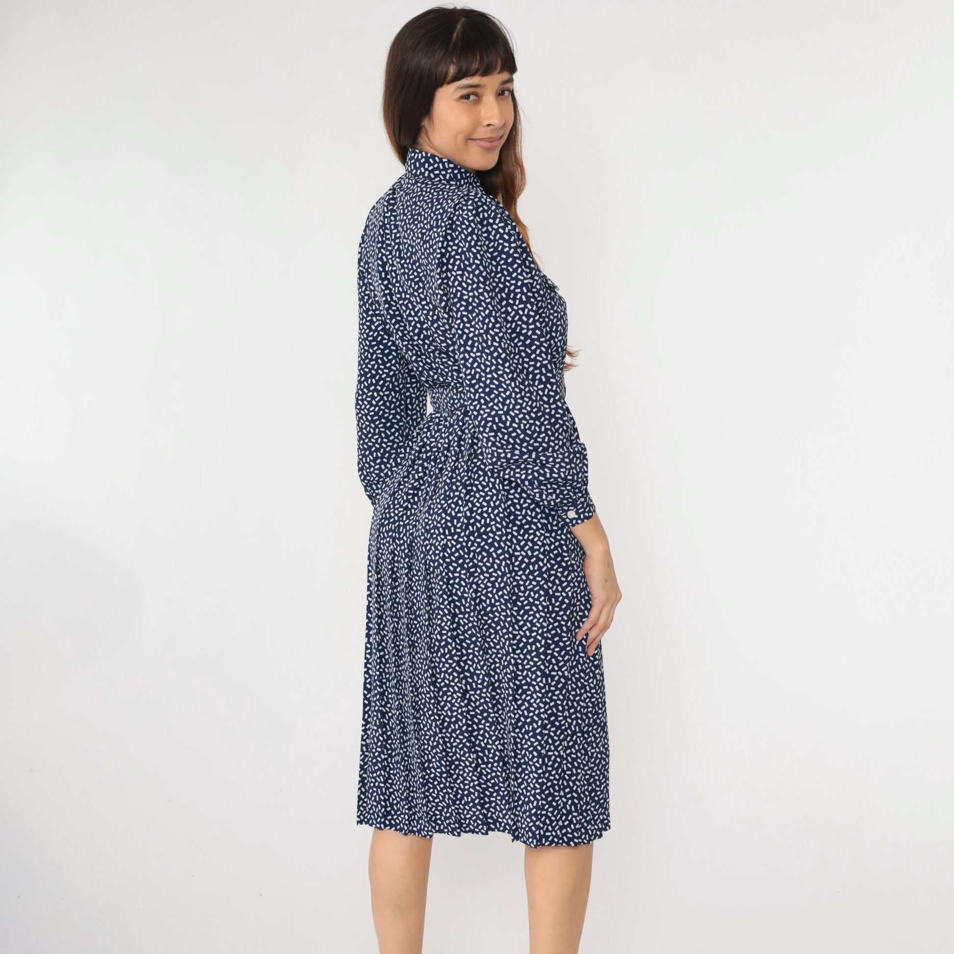 80s Appleseed's Petite Shirtdress Confetti Print Midi Dark Blue White