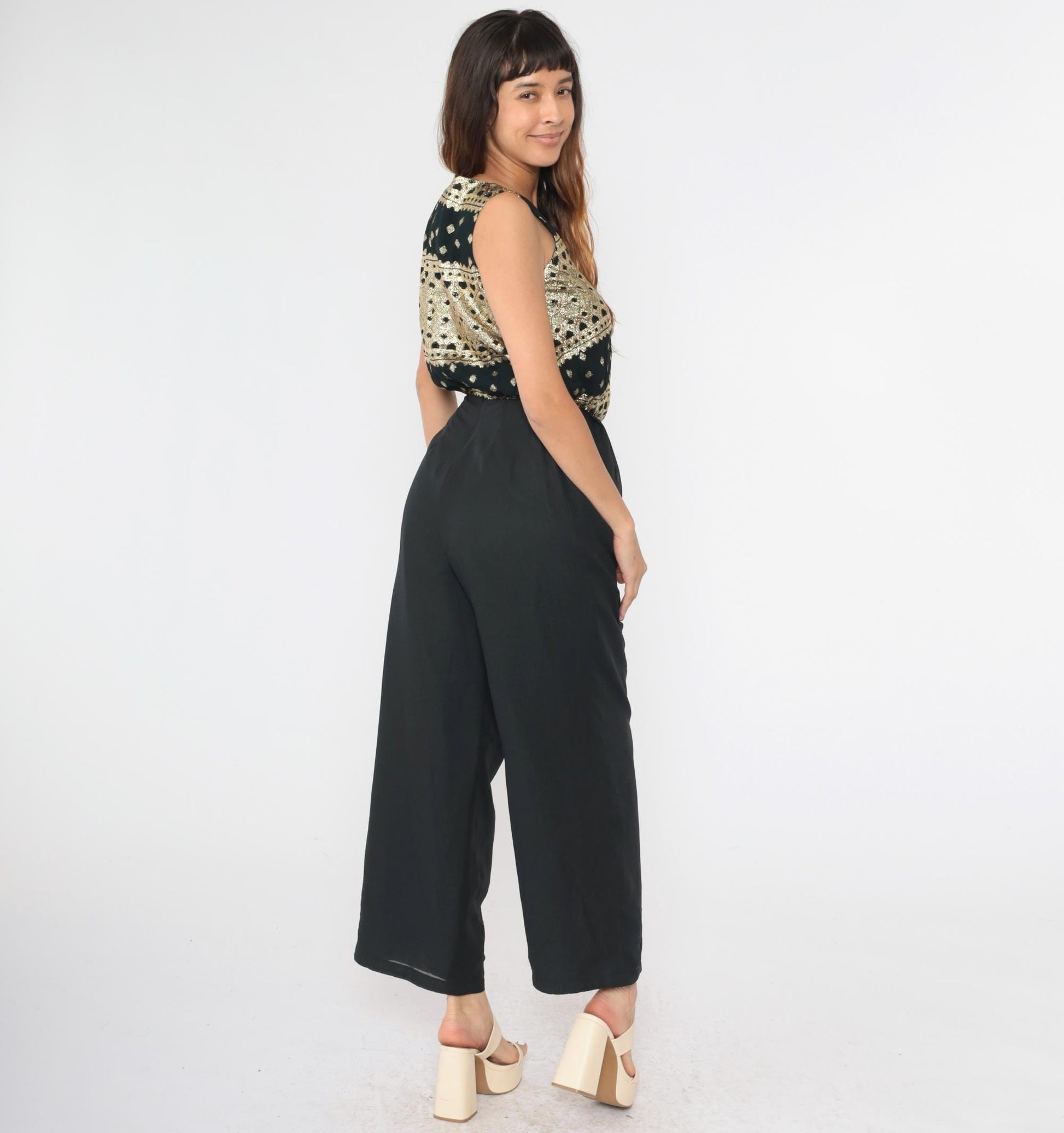 90s Althuser Black Chiffon Jumpsuit Gold Metallic Embroidery Wide Leg Small