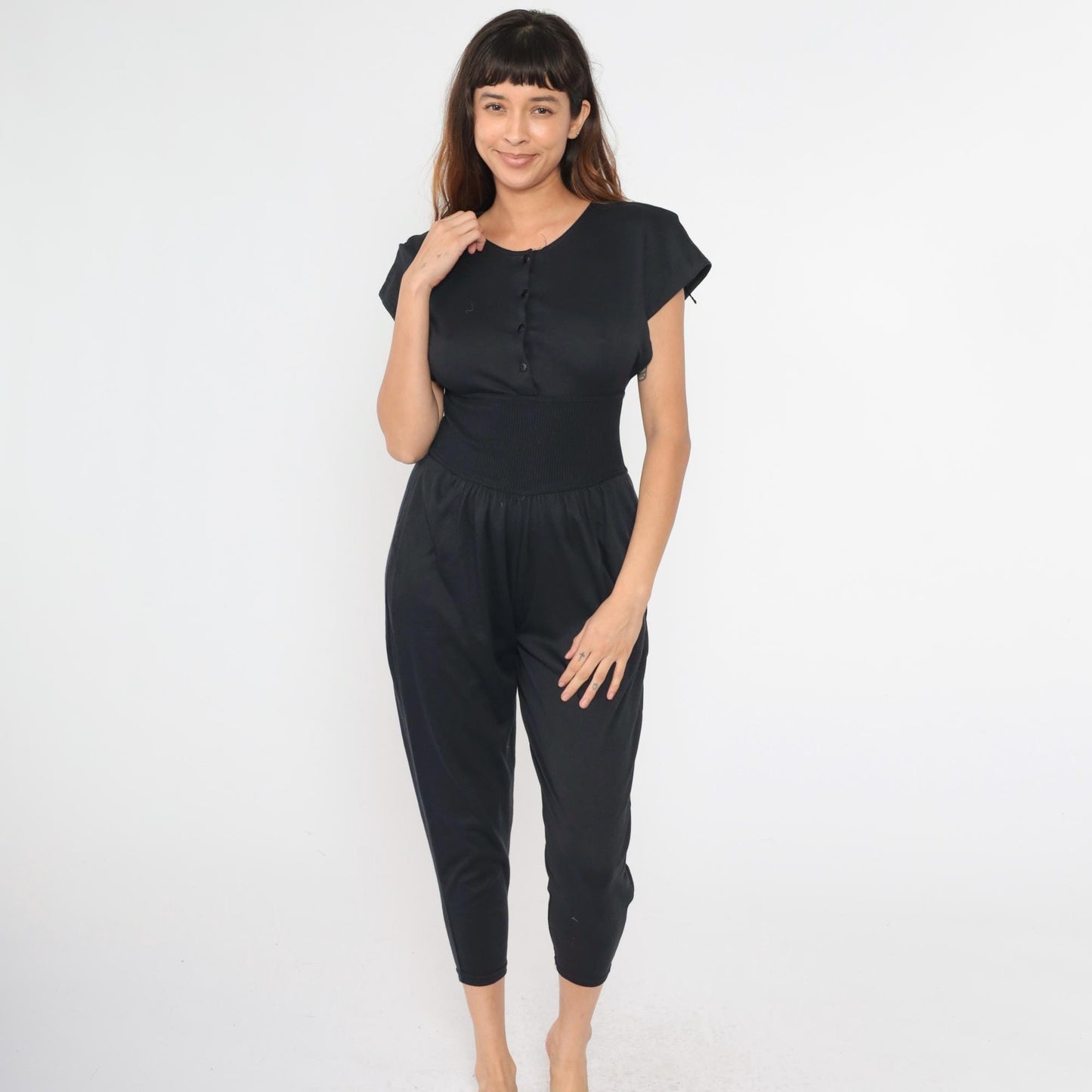 80s Black Button-Up Jumpsuit High Waist Dolman Sleeve Cropped Tapered Small