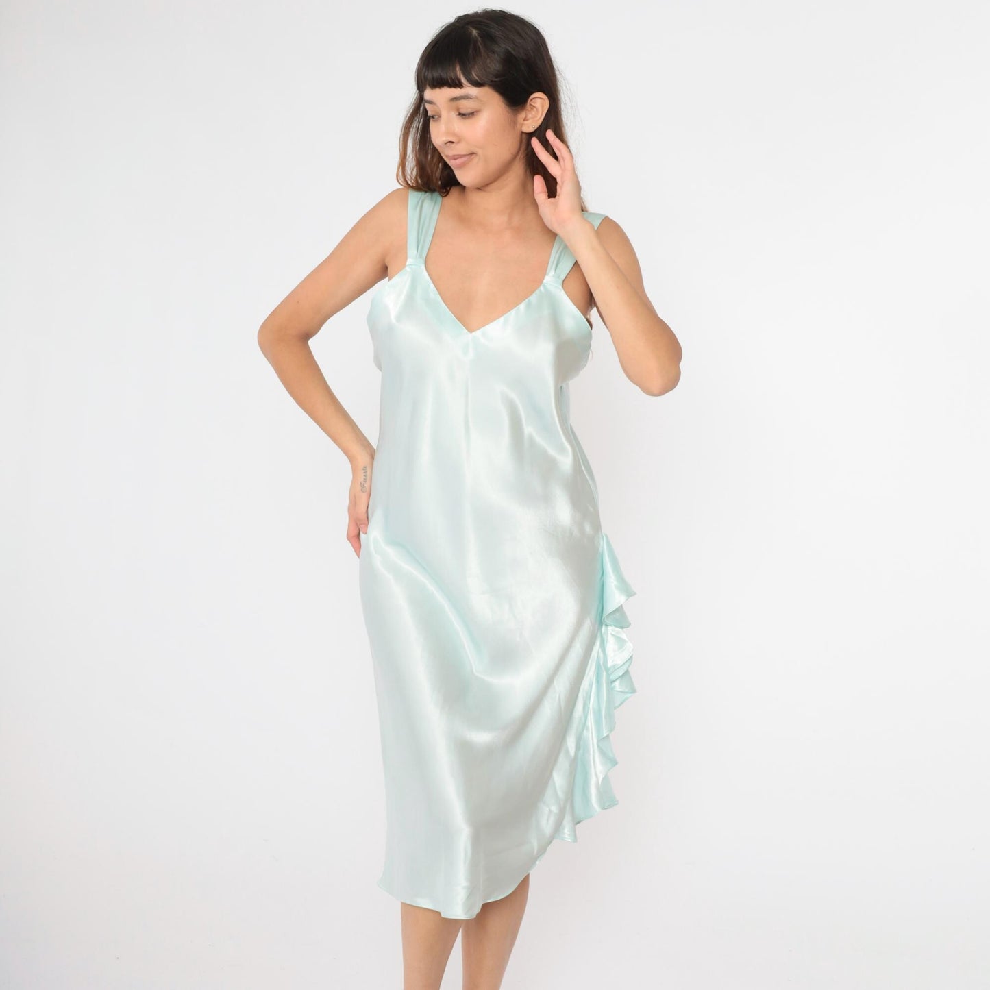 00s Victoria's Secret Ice Blue Satin Slip Dress Midi Ruffled Slit Large L