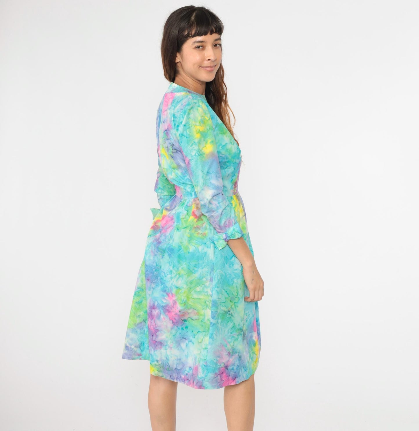 70s Tie Dye Dress High Waist Bow 3/4 Sleeve Midi Blue Green Pink Small