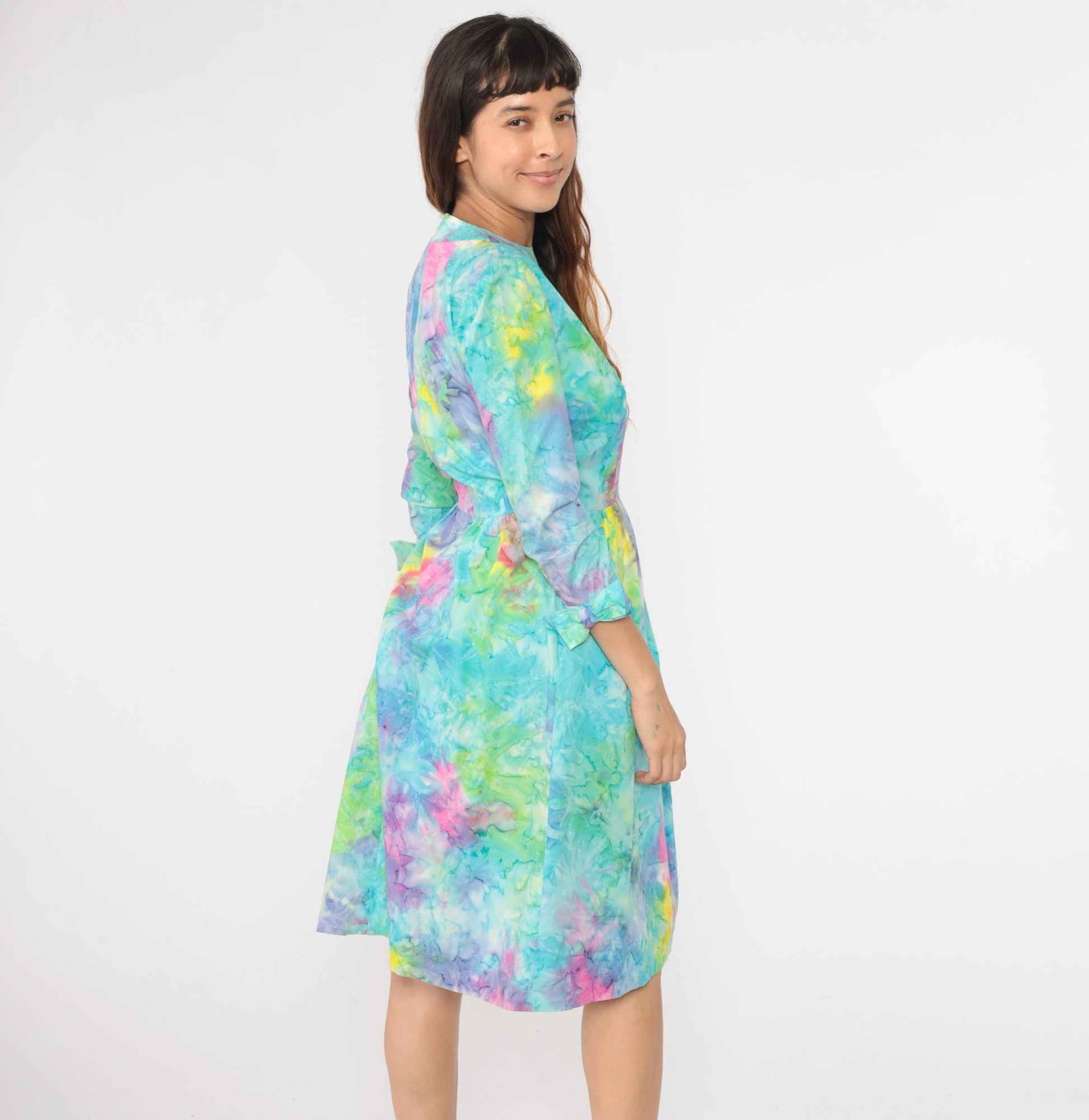 70s Tie Dye Dress High Waist Bow 3/4 Sleeve Midi Blue Green Pink Small