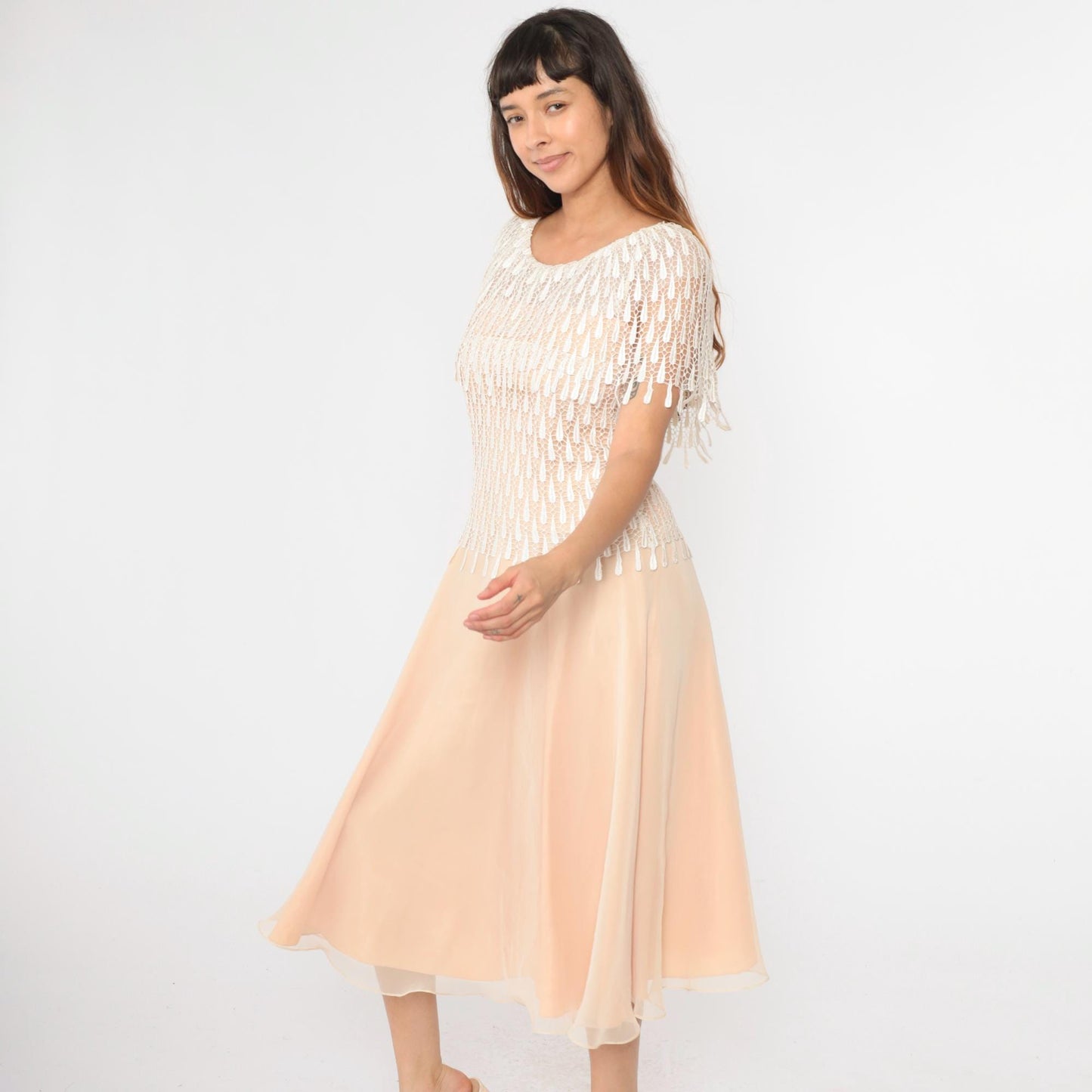70s Peach Midi Dress Macramé Lace Capelet Chiffon Small