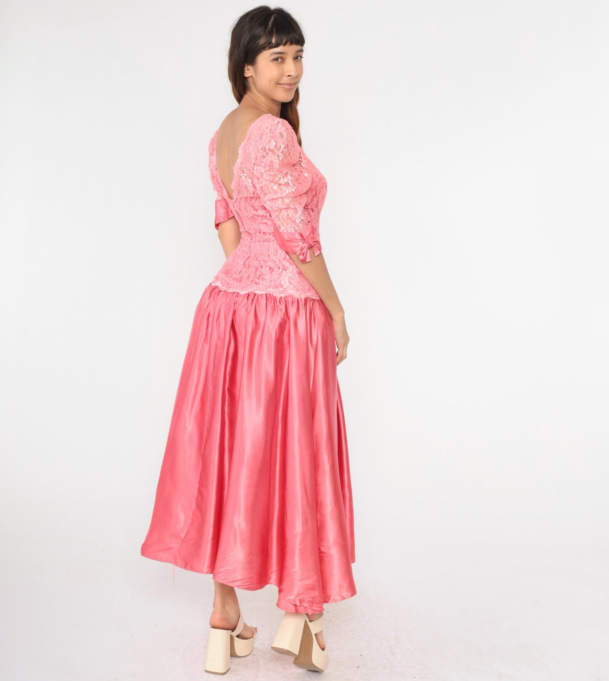 80s Pink Satin Lace Puff Sleeve Maxi Dress Drop Waist Low Back Small