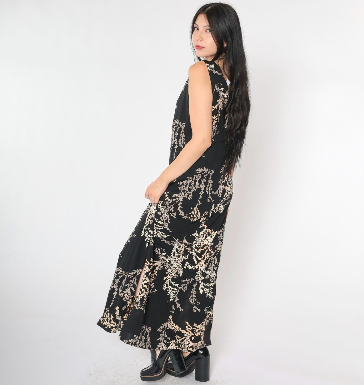 90s Black Floral Maxi Dress Sleeveless V-Neck Side Slit Medium