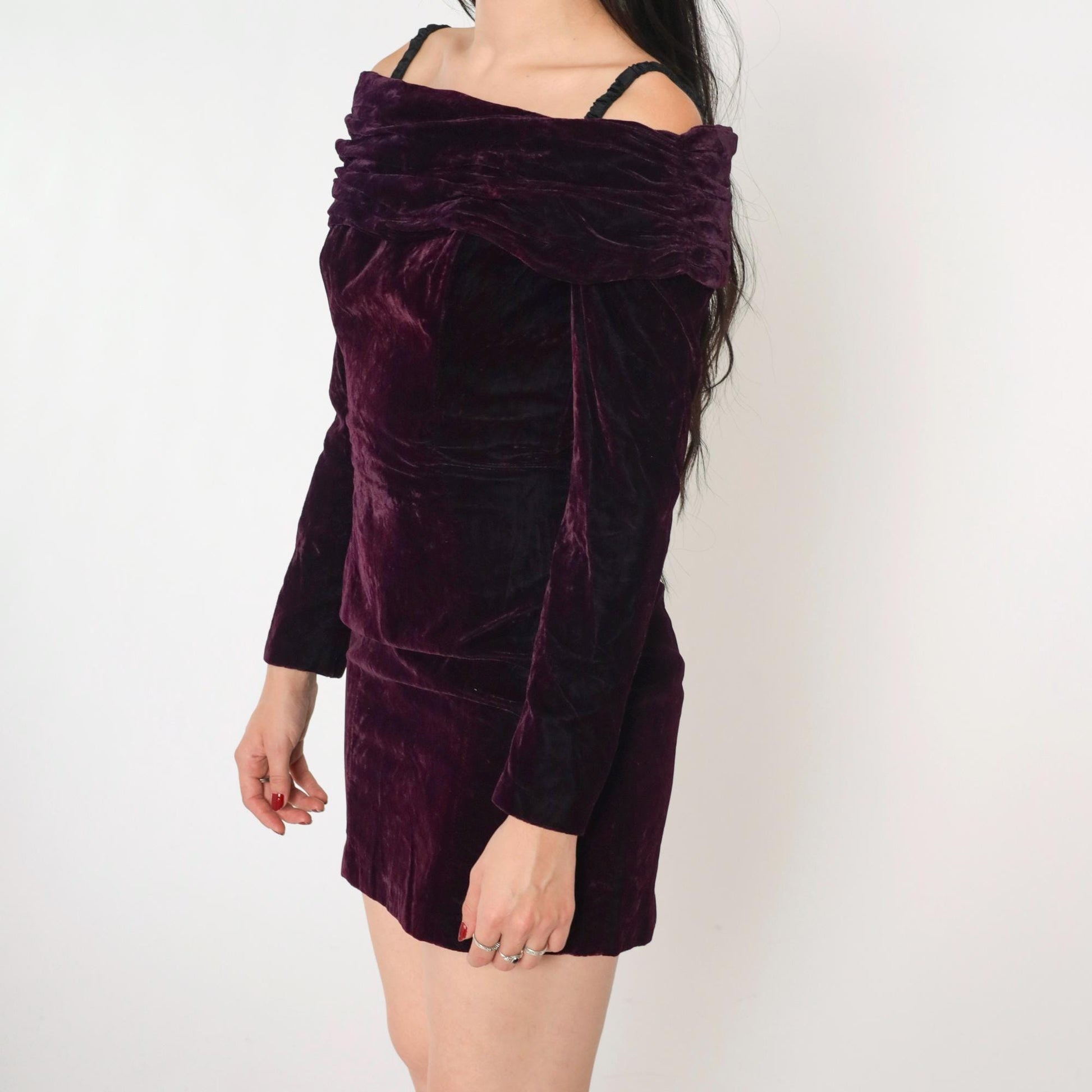 90s Rampage Velvet Mini Dress Off-Shoulder Spaghetti Strap Deep Purple Extra Small