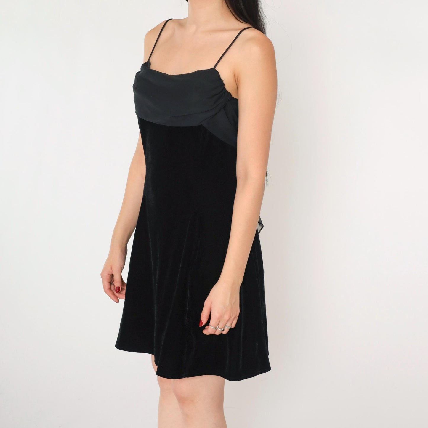 90s Black Velvet Chiffon Mini Dress Spaghetti Strap Train Medium 8