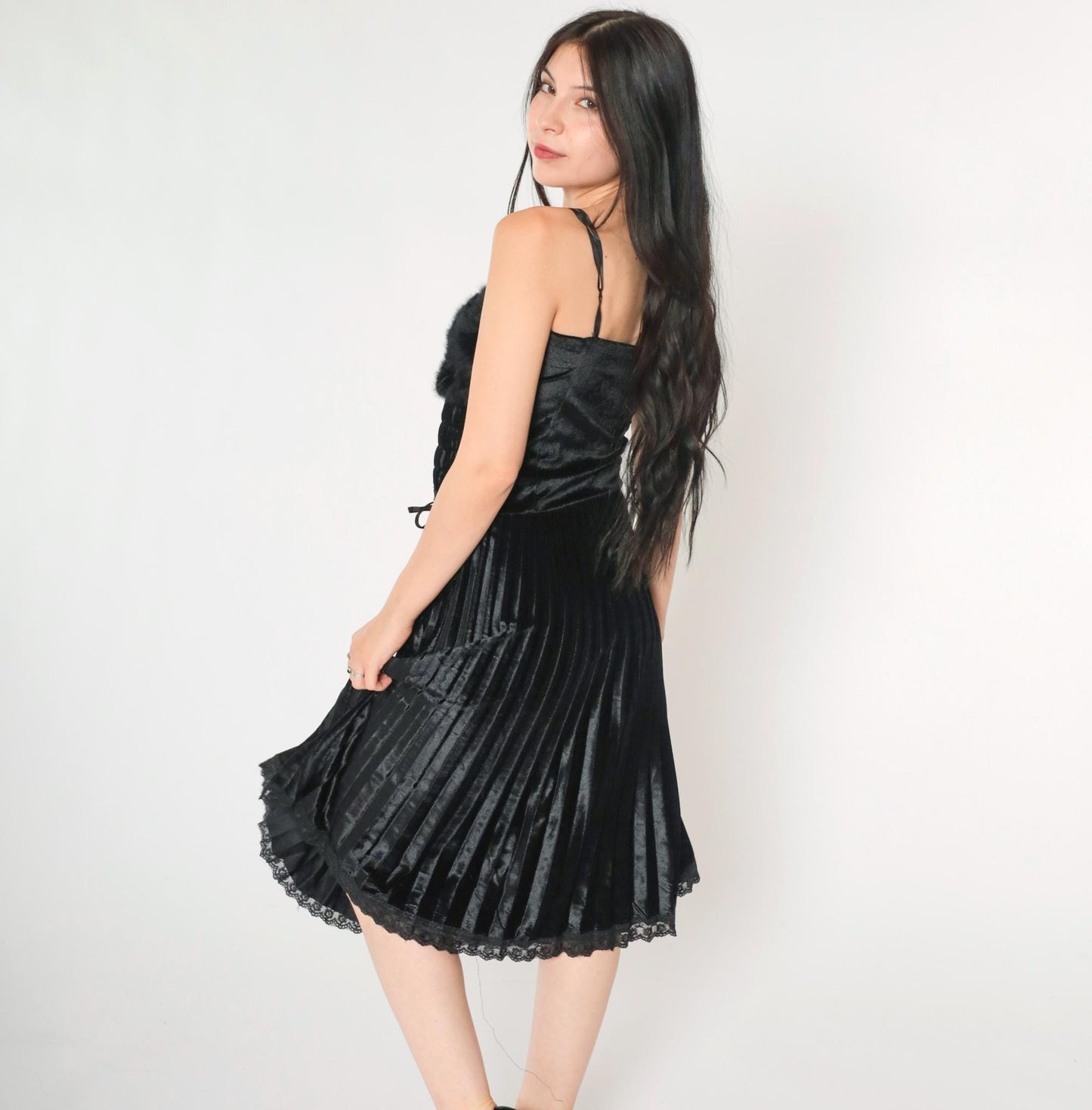 Y2K Black Velour Midi Dress Faux Fur Lace Spaghetti Strap Extra Small XS