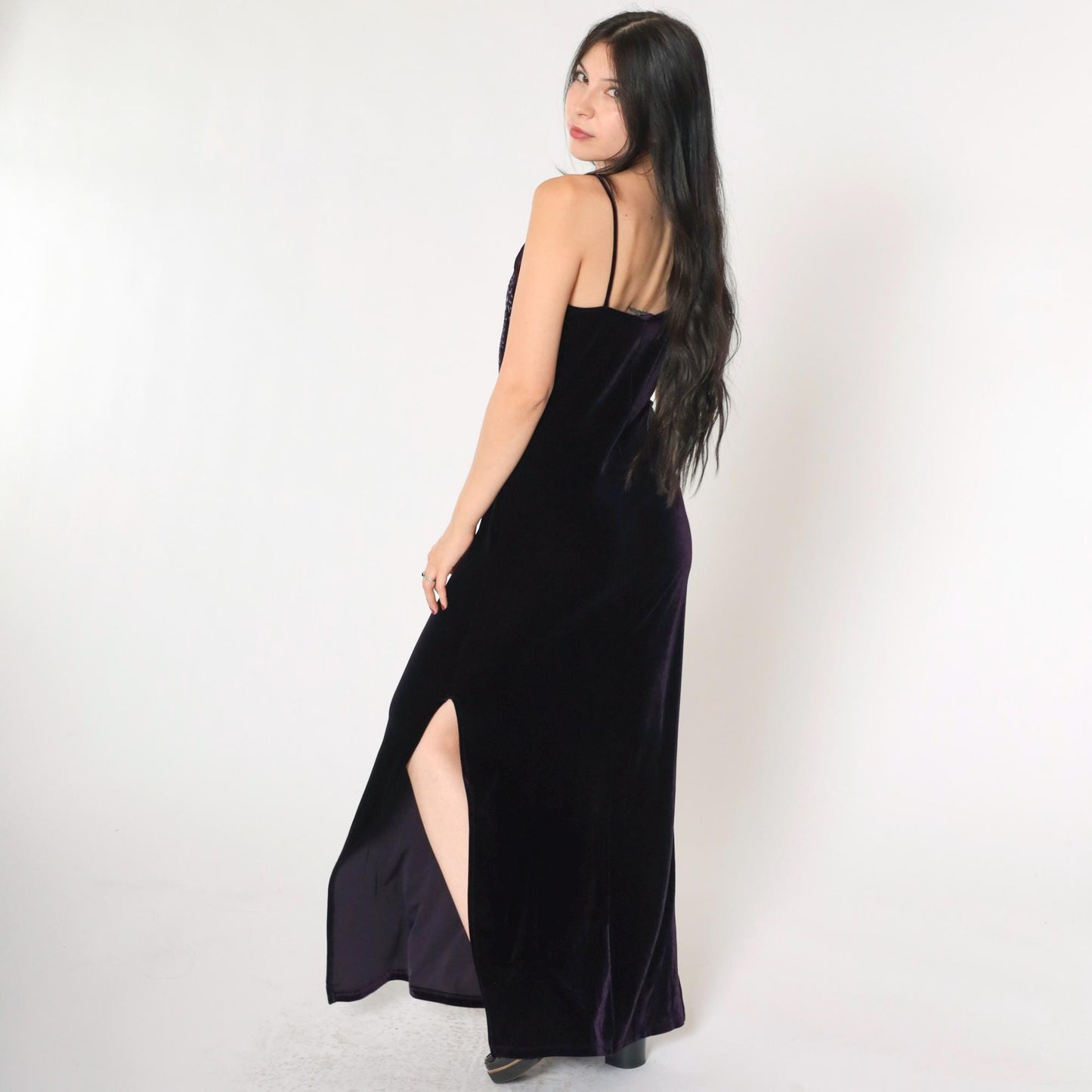 90s Purple Velvet Maxi Dress Glitter Floral Spaghetti Strap Side Slit Small
