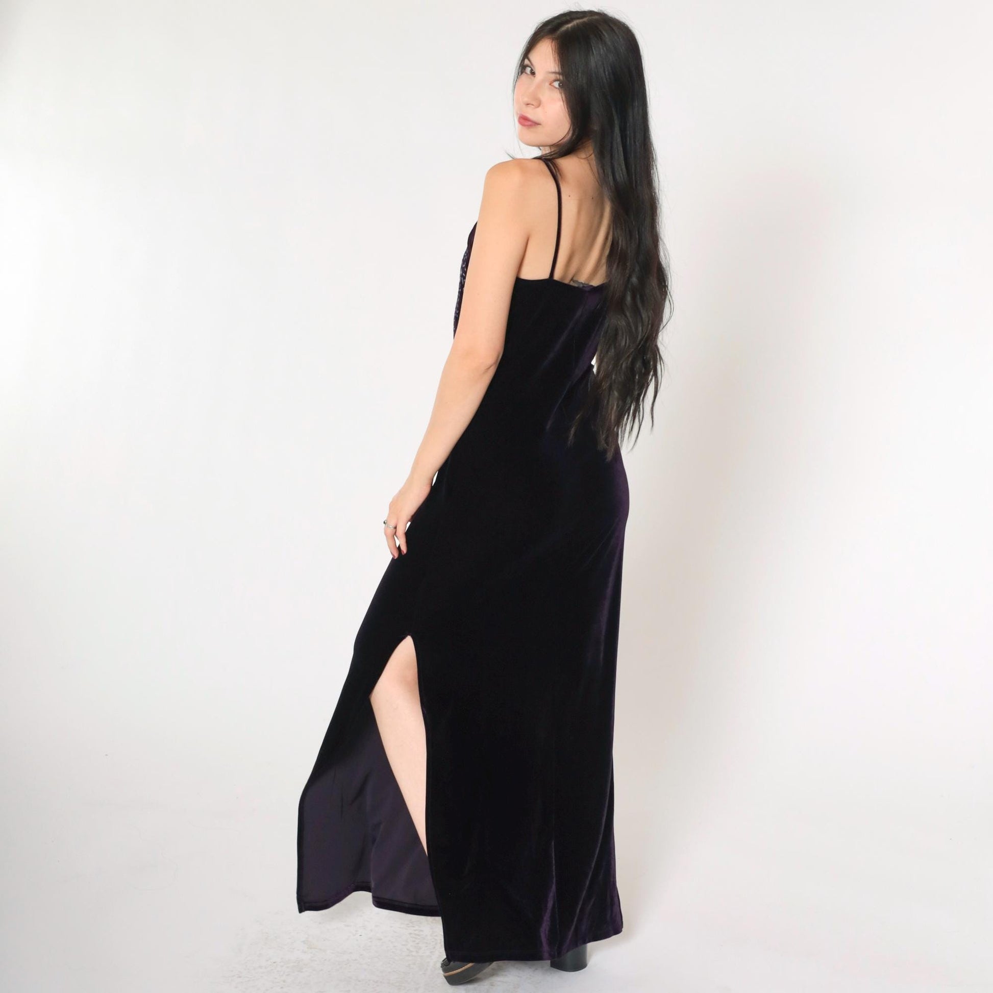 90s Purple Velvet Maxi Dress Glitter Floral Spaghetti Strap Side Slit Small