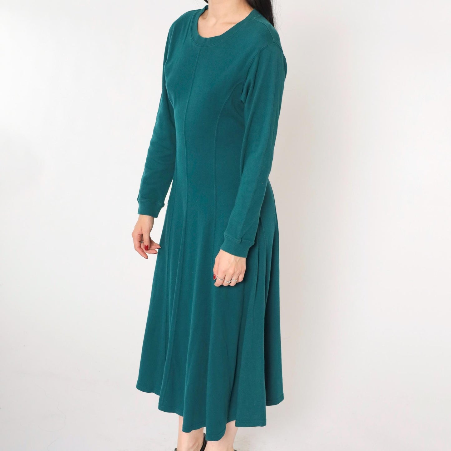 90s Teal A-Line Midi Dress Long Sleeve Princess Seam Cotton Small
