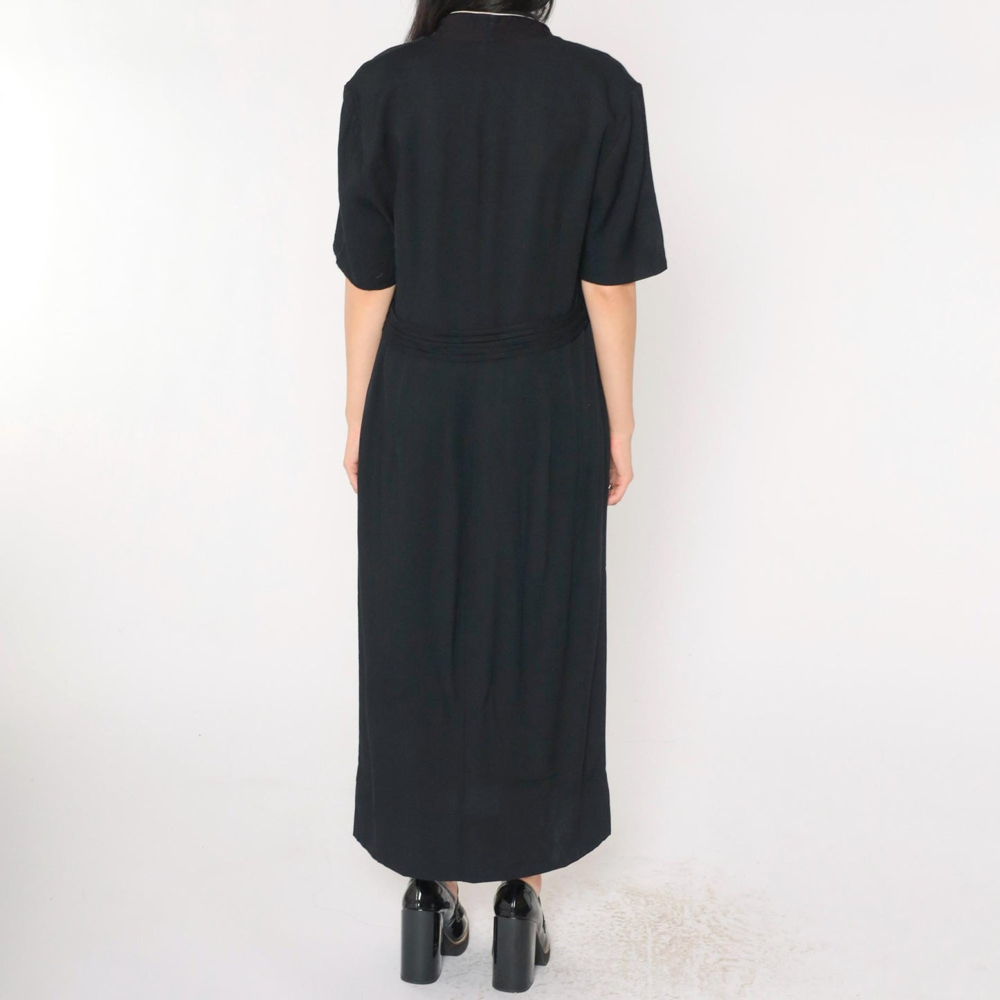 90s Black Maxi Dress White Collar Button-Up Short Sleeve Shift Large