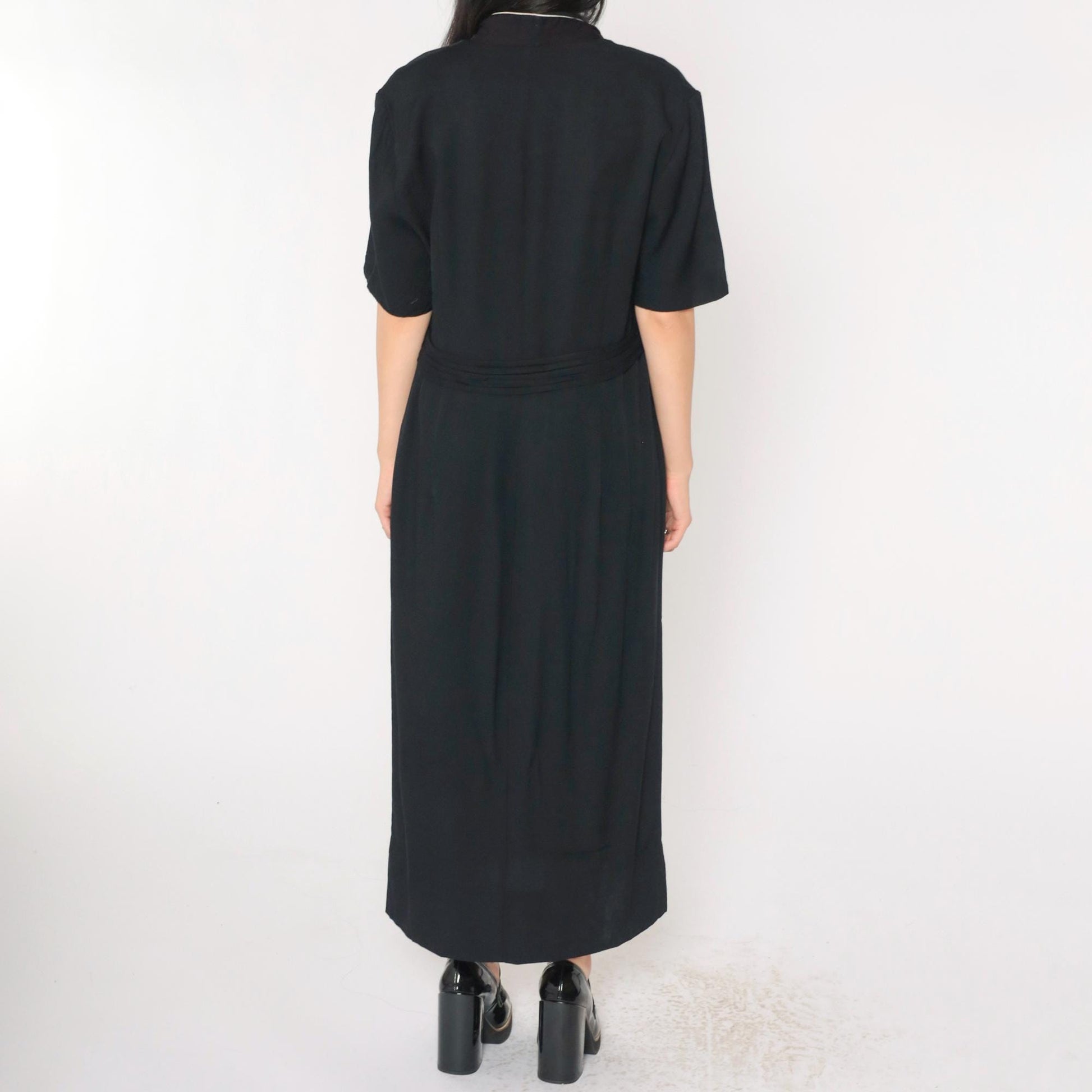 90s Black Maxi Dress White Collar Button-Up Short Sleeve Shift Large