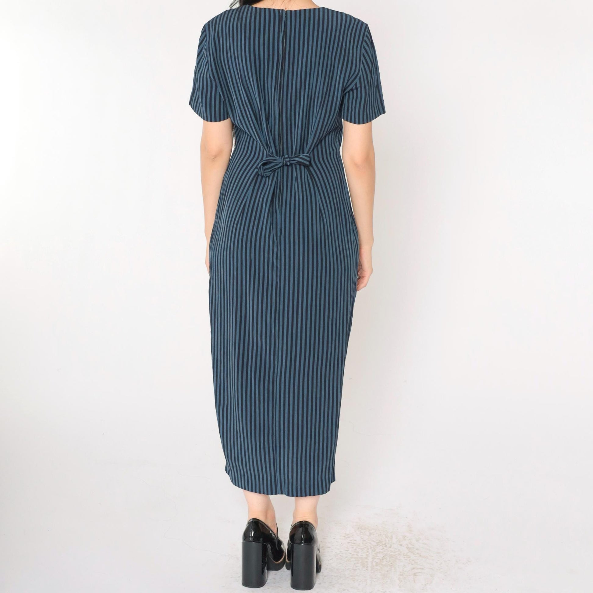 90s DJ Intl Striped Sheath Midi Dress Black Blue Button-Up Medium
