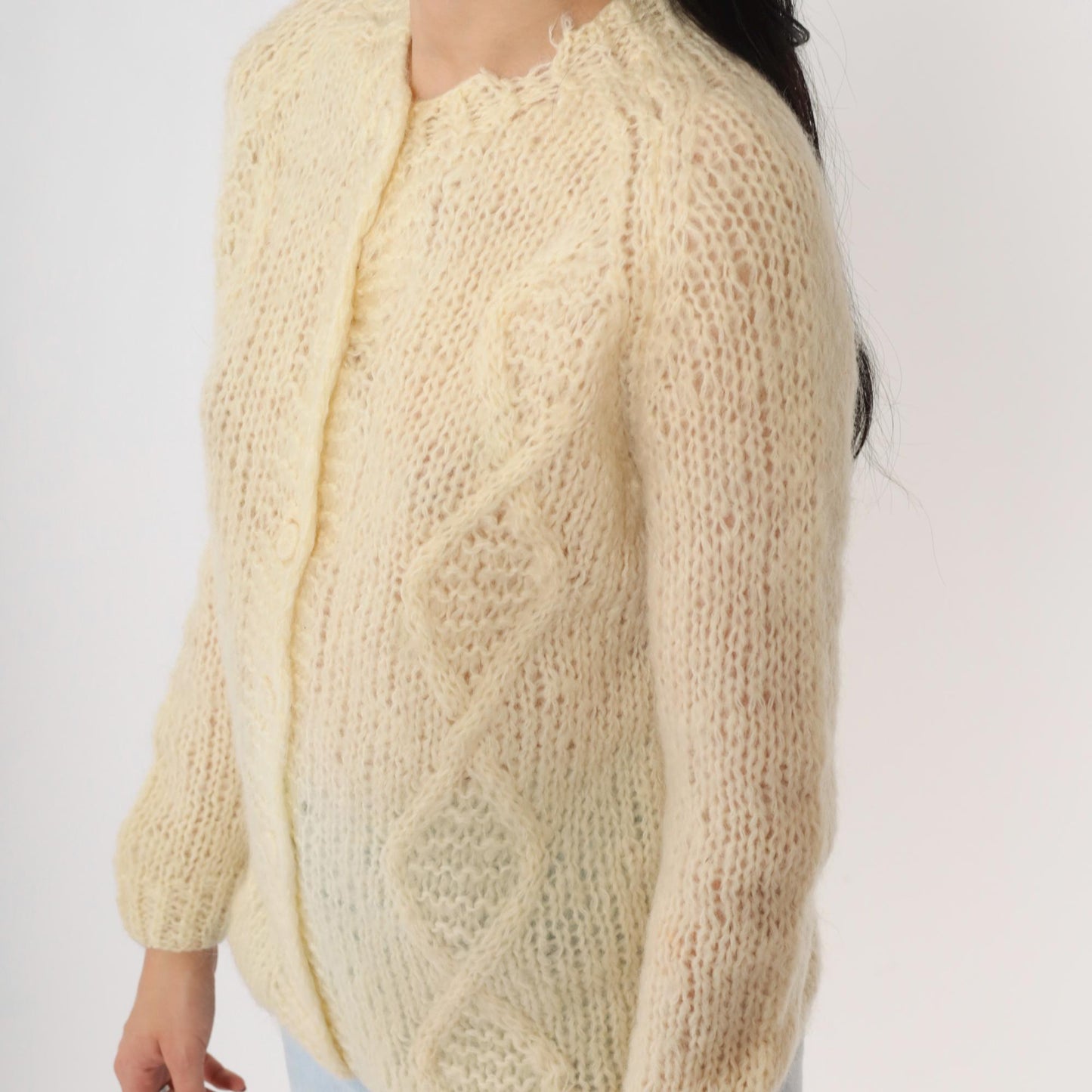 70s Cream Cable Knit Cardigan Wool Button-Up Sweater Small
