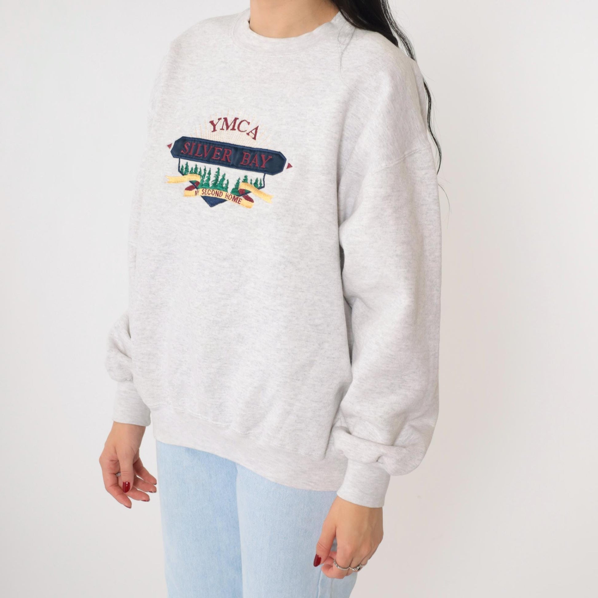 90s YMCA Silver Bay Lake George Embroidered Sweatshirt Heather Grey Large