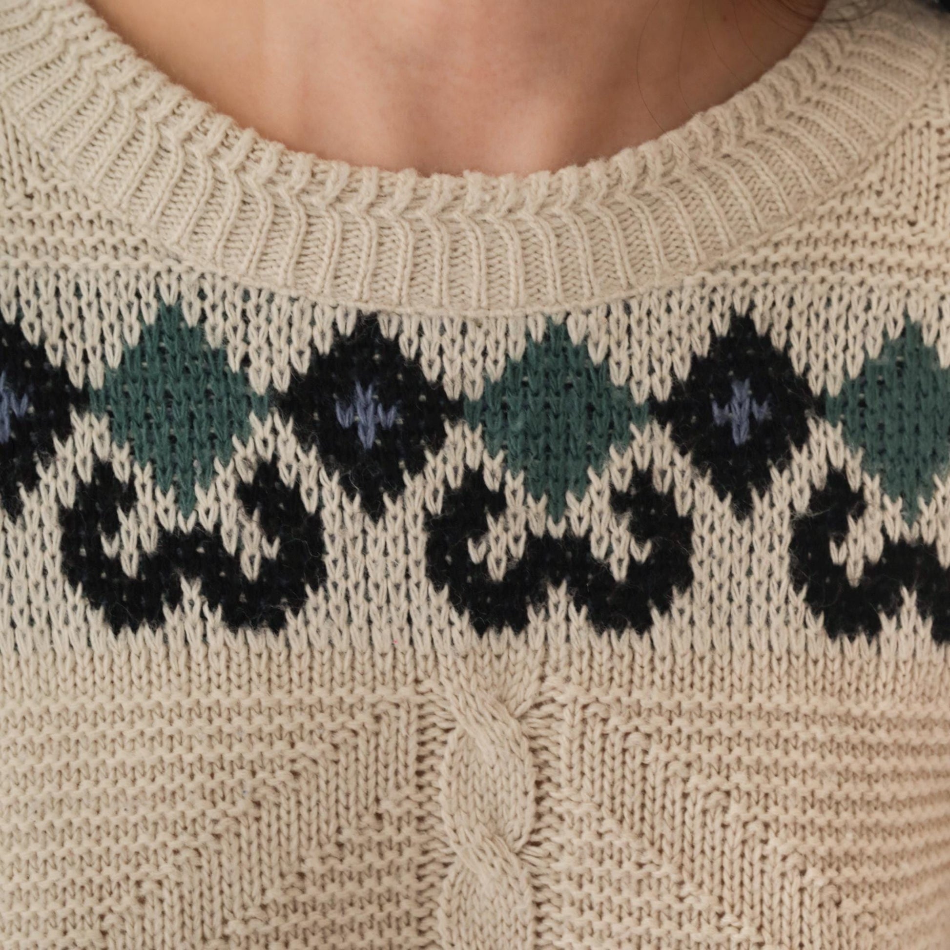 90s Beige Geometric Cable Knit Crewneck Sweater Jacquard Pullover Large L