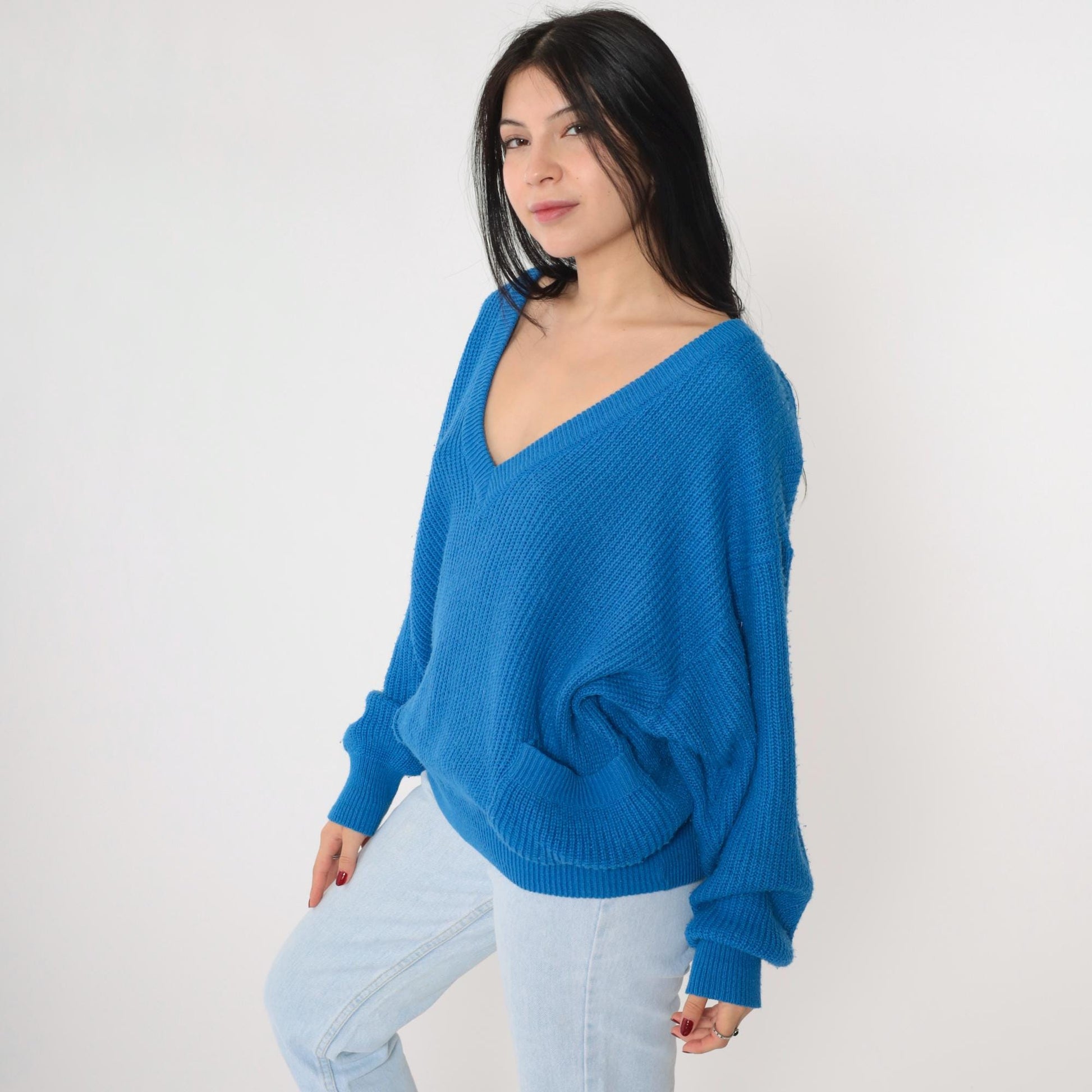 80s Buggi Electric Blue V-Neck Ribbed Knit Sweater Pockets Large