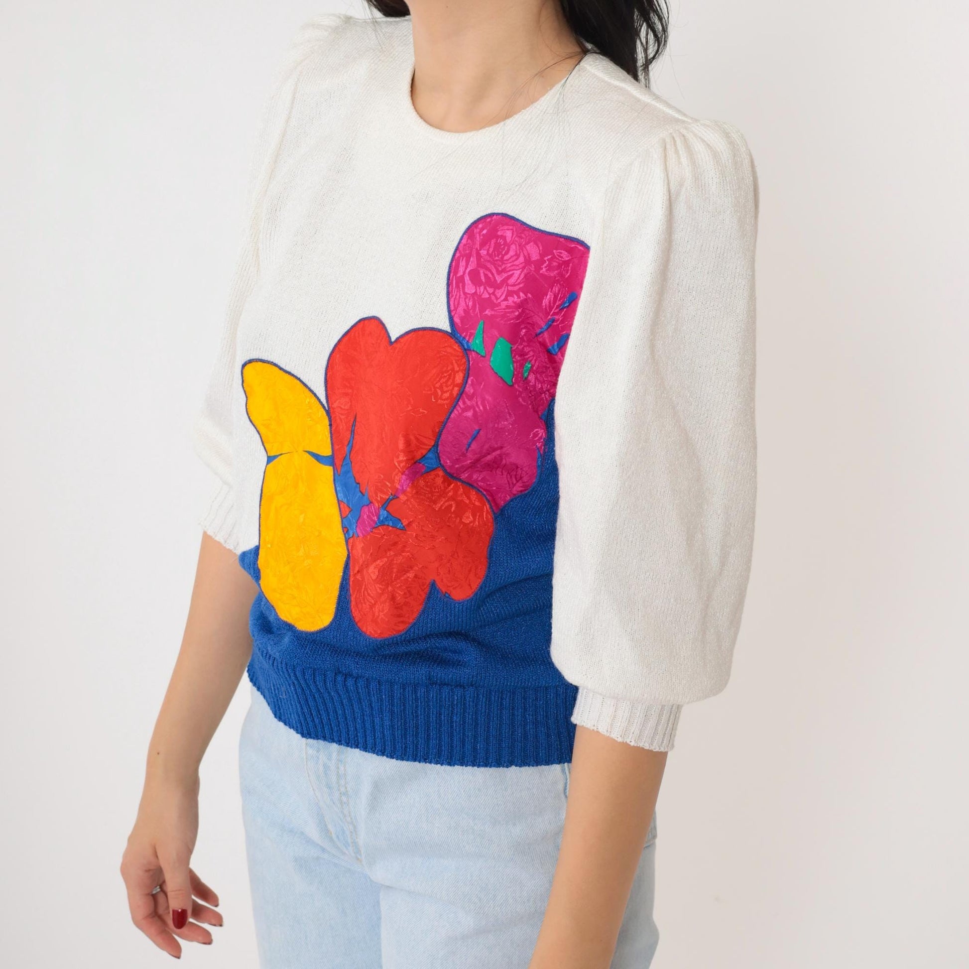 80s White Puff Sleeve Sweater Abstract Floral Embossed Knit Pullover Small