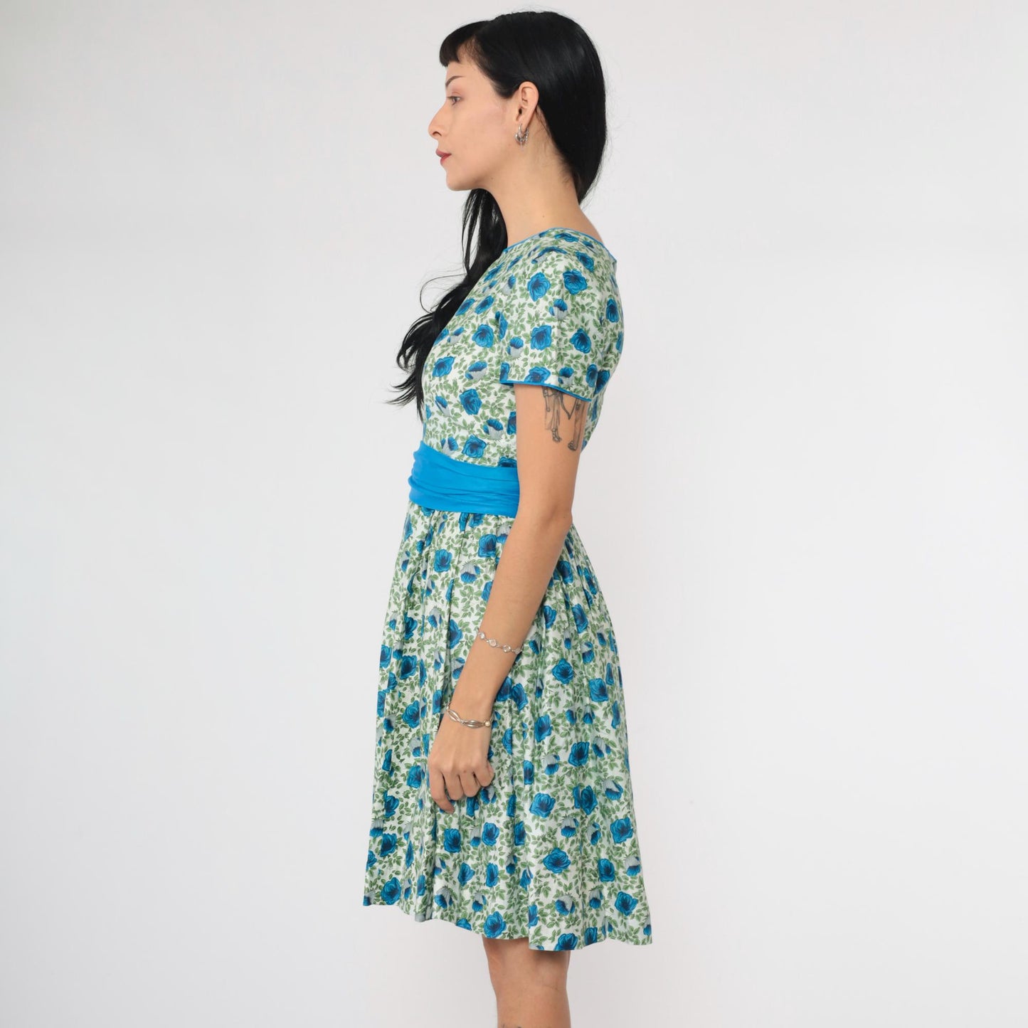 1960s Floral Dress Blue Green Mini High Waist Short Sleeve Small