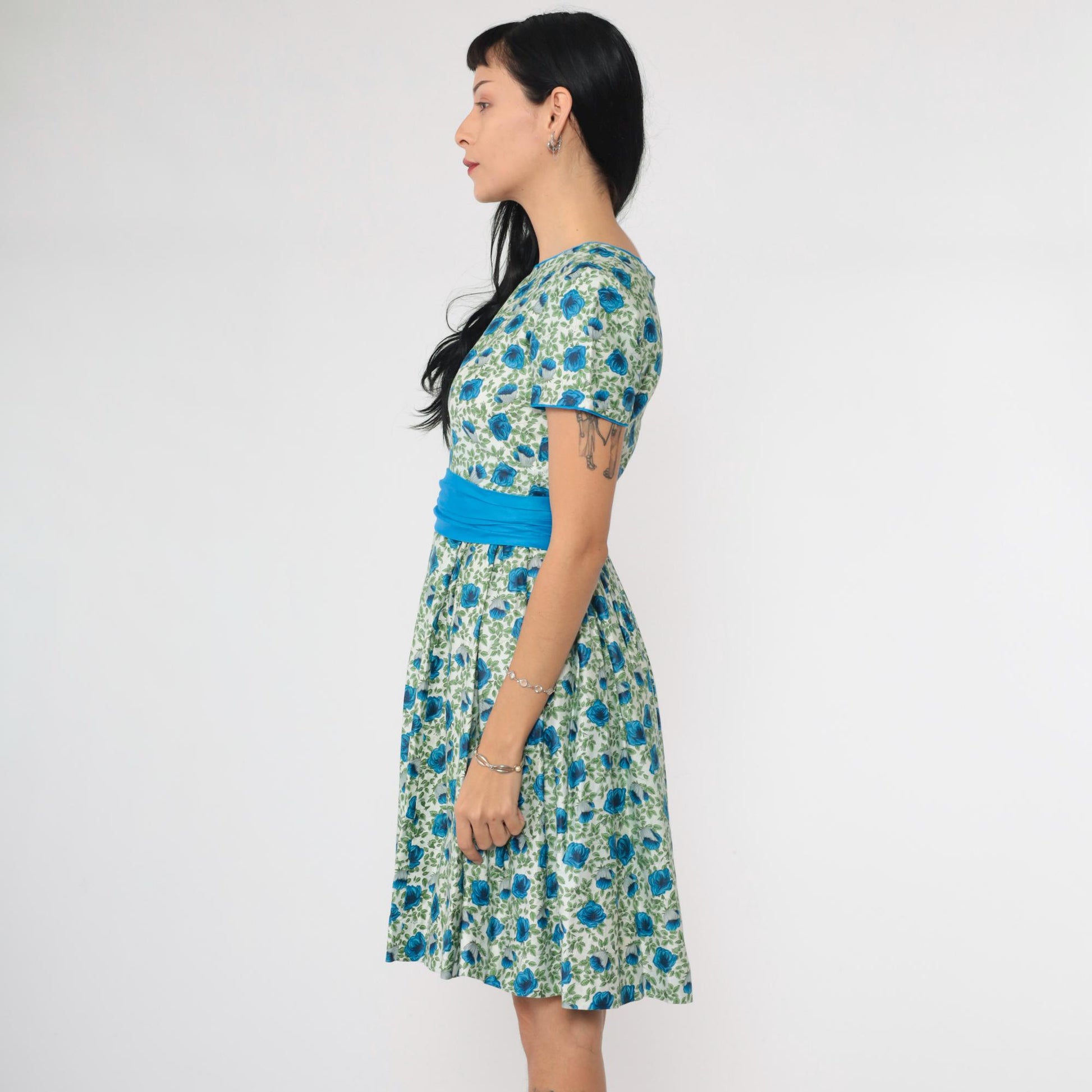 1960s Floral Dress Blue Green Mini High Waist Short Sleeve Small